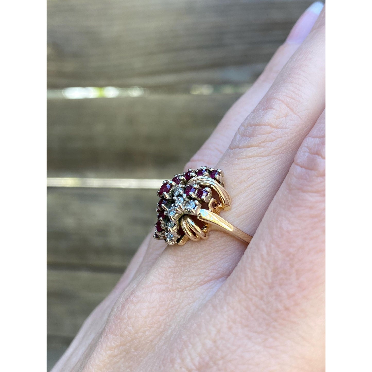 Vintage Solid 14k Yellow Gold Diamond Ruby Cluster Ring - Size 6.25