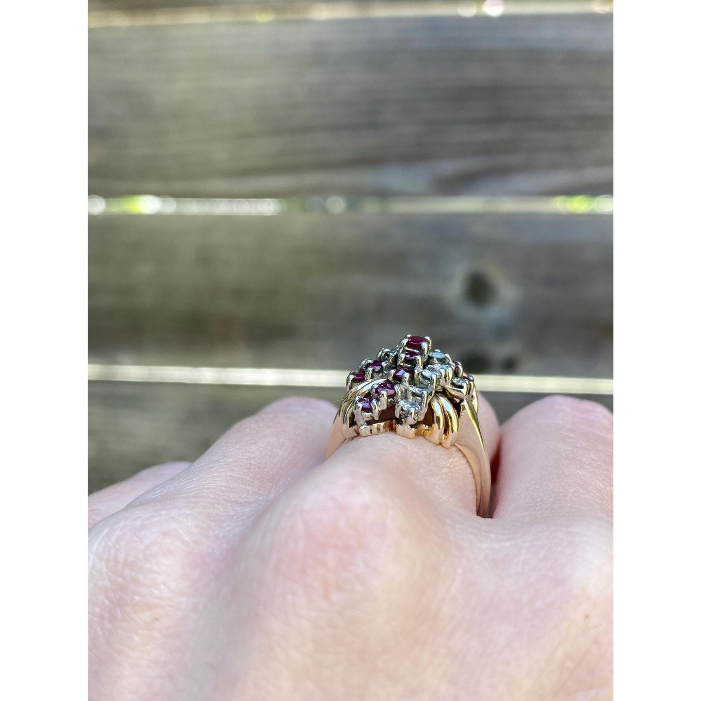 Vintage Solid 14k Yellow Gold Diamond Ruby Cluster Ring - Size 6.25