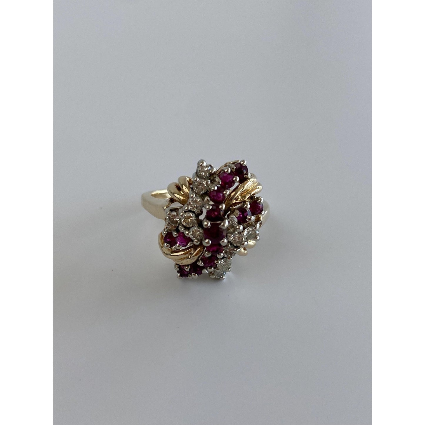 Vintage Solid 14k Yellow Gold Diamond Ruby Cluster Ring - Size 6.25