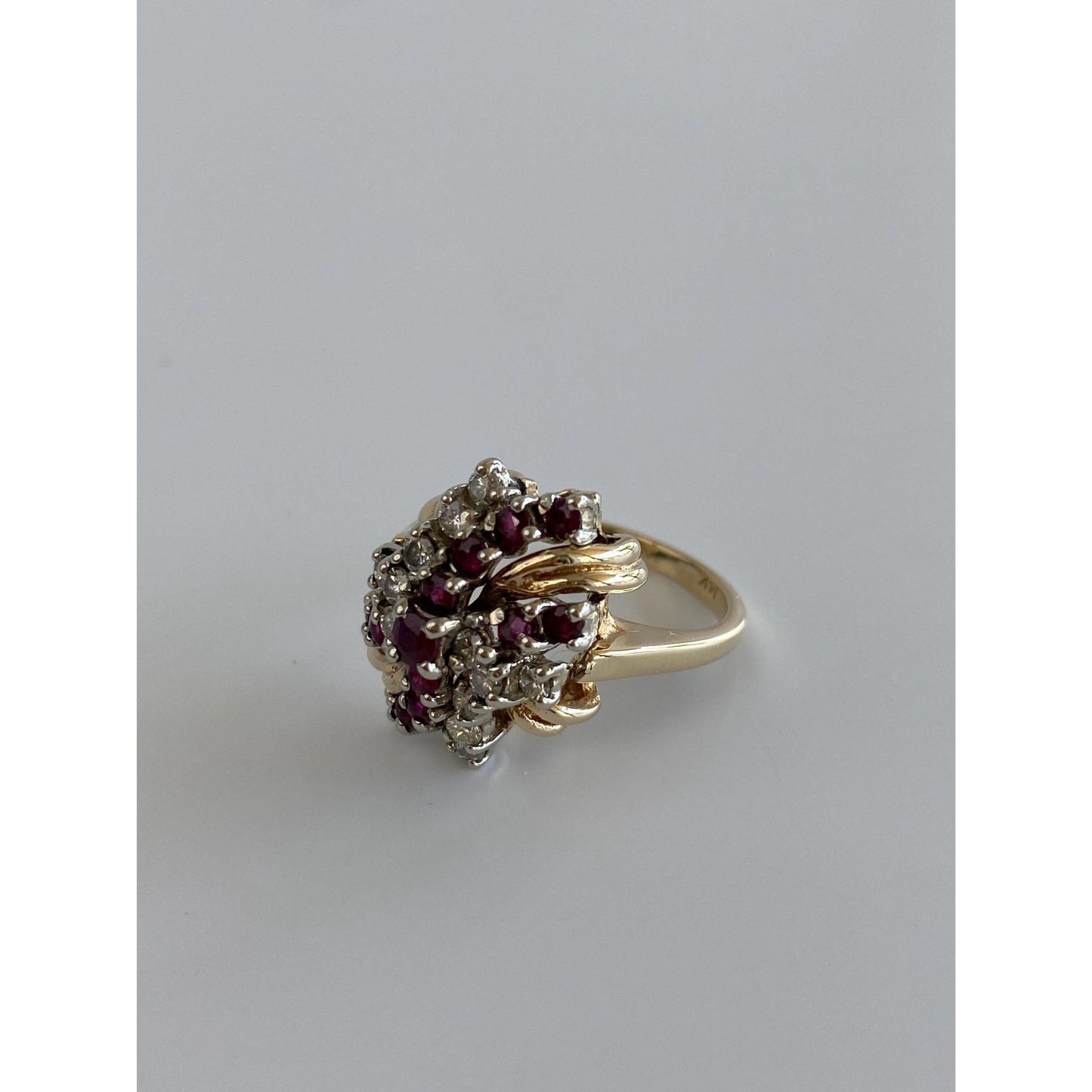 Vintage Solid 14k Yellow Gold Diamond Ruby Cluster Ring - Size 6.25