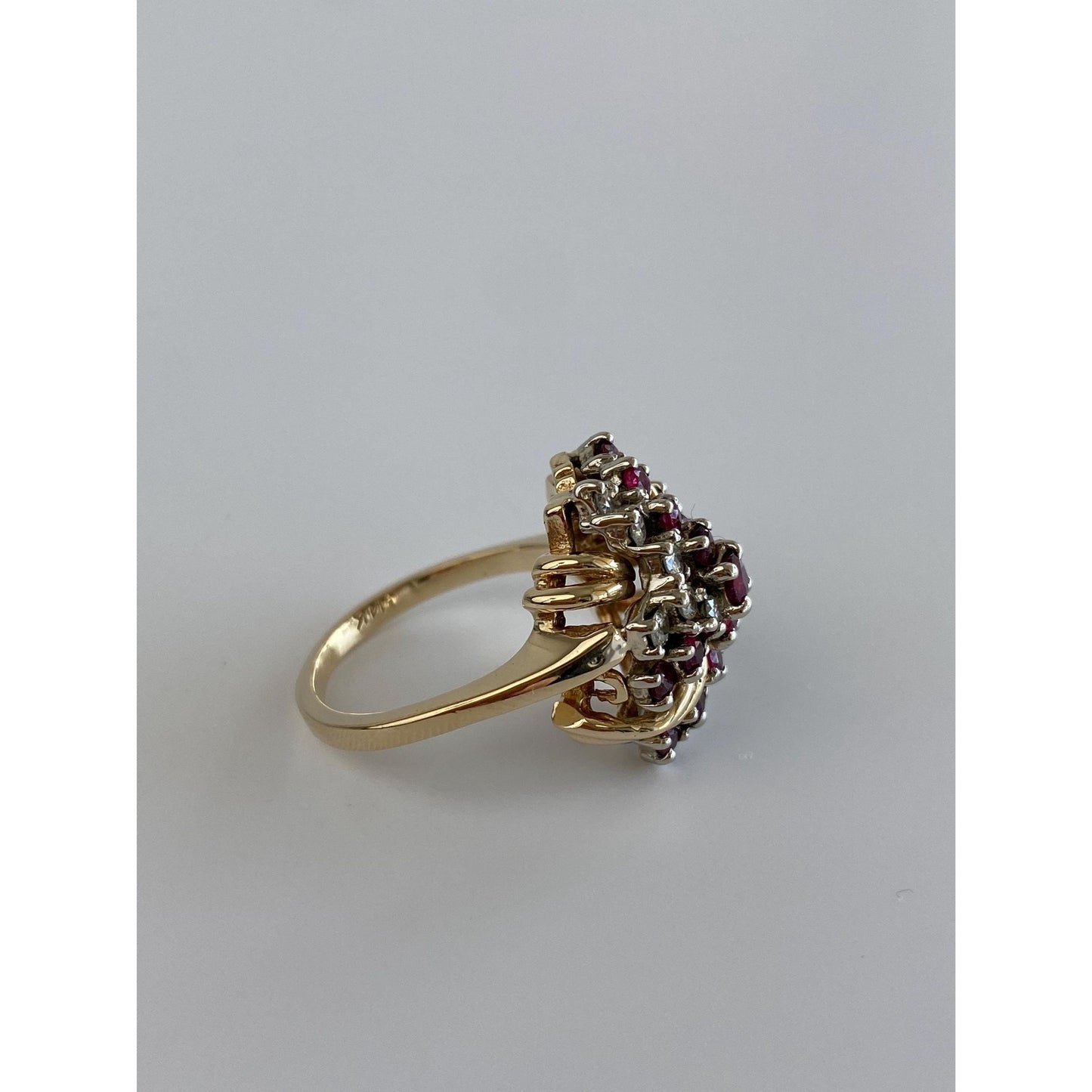 Vintage Solid 14k Yellow Gold Diamond Ruby Cluster Ring - Size 6.25
