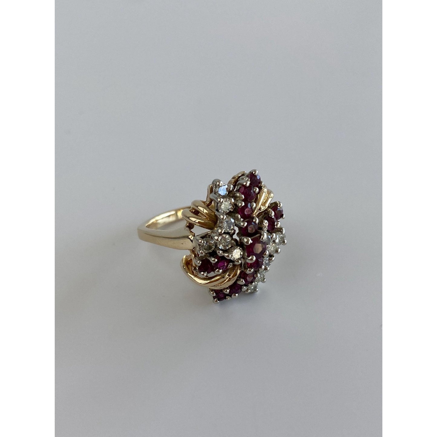 Vintage Solid 14k Yellow Gold Diamond Ruby Cluster Ring - Size 6.25