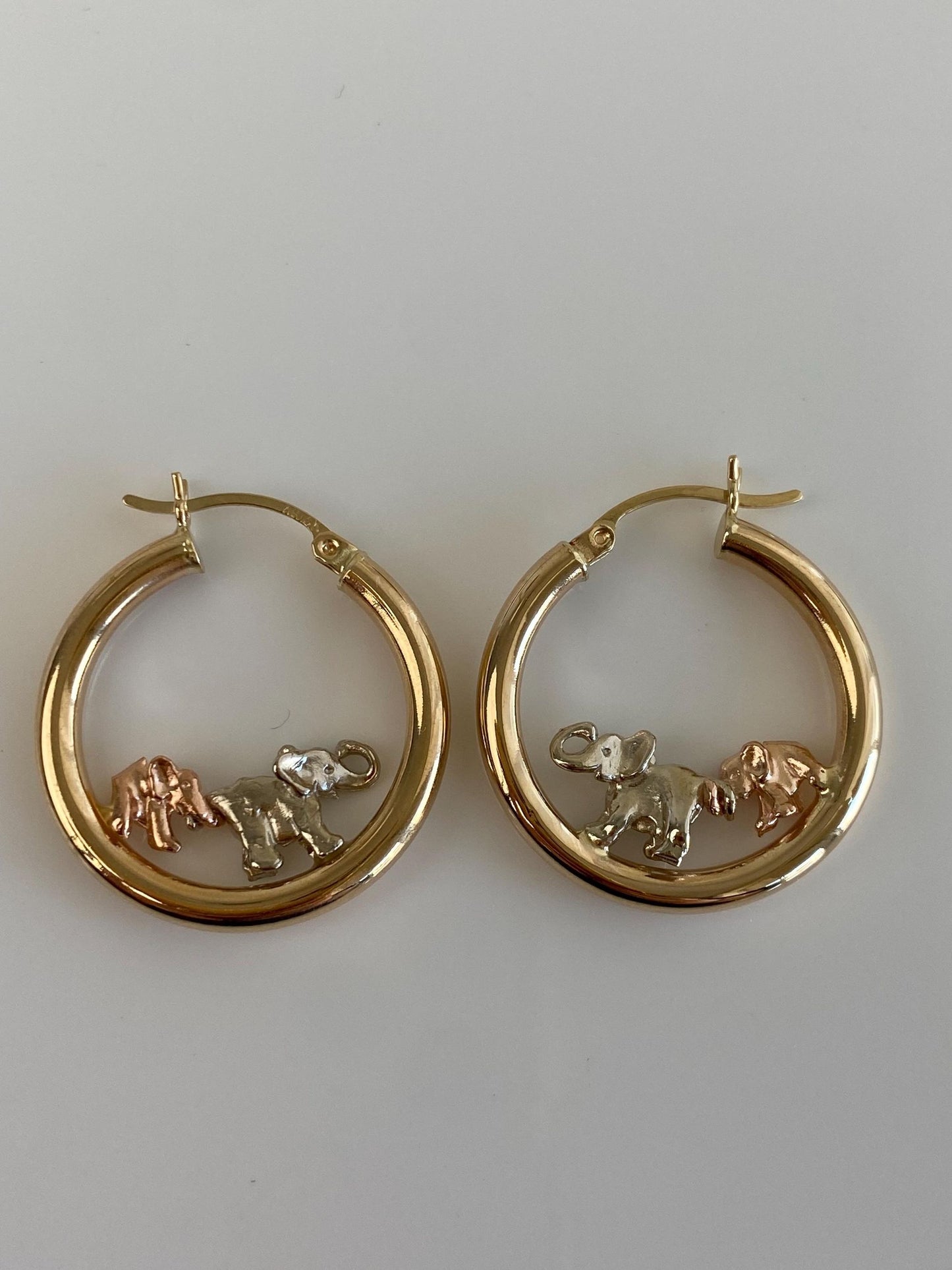 Vintage 14k Tri Tone Gold Elephants Hoop Earrings