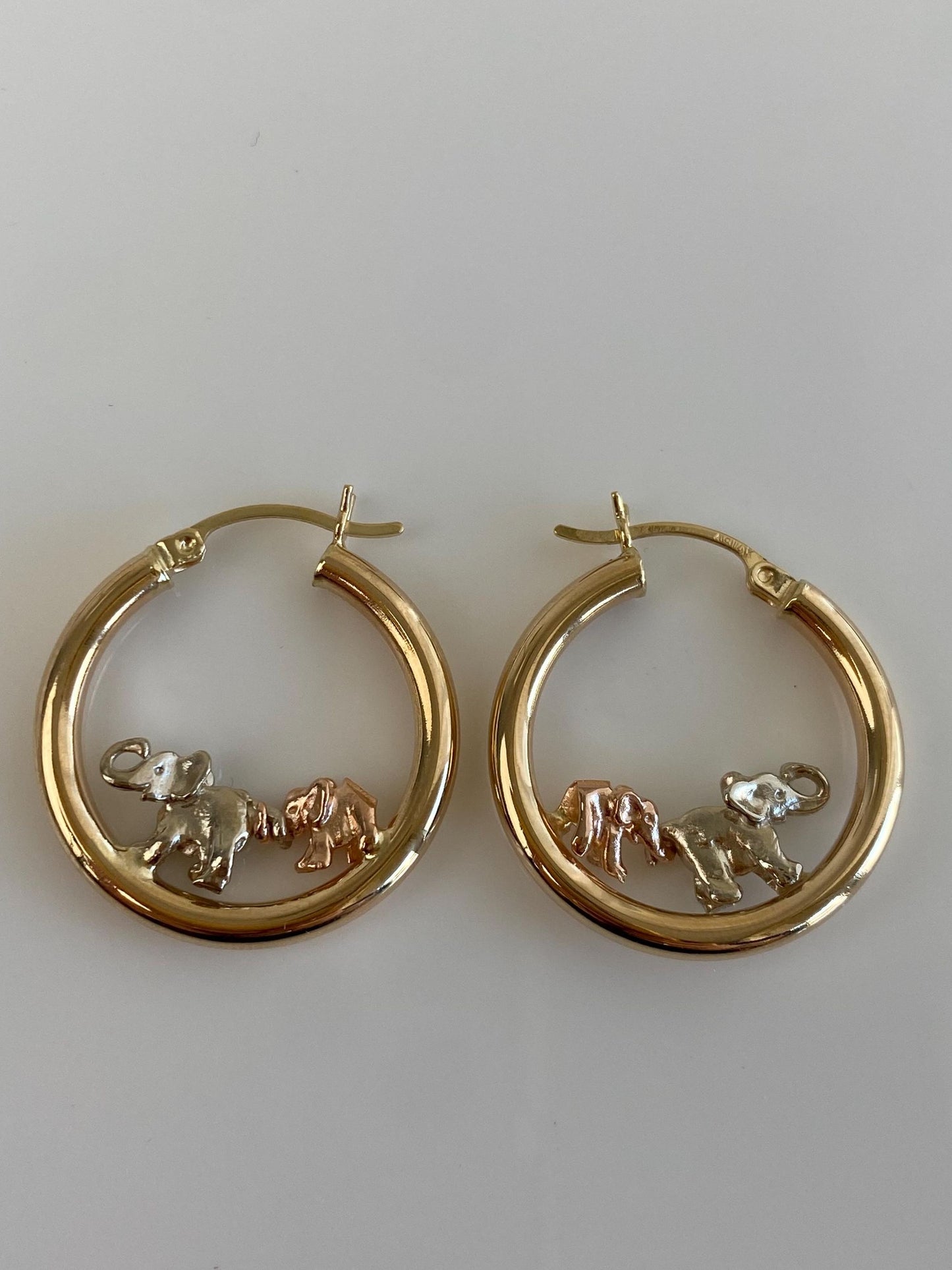 Vintage 14k Tri Tone Gold Elephants Hoop Earrings