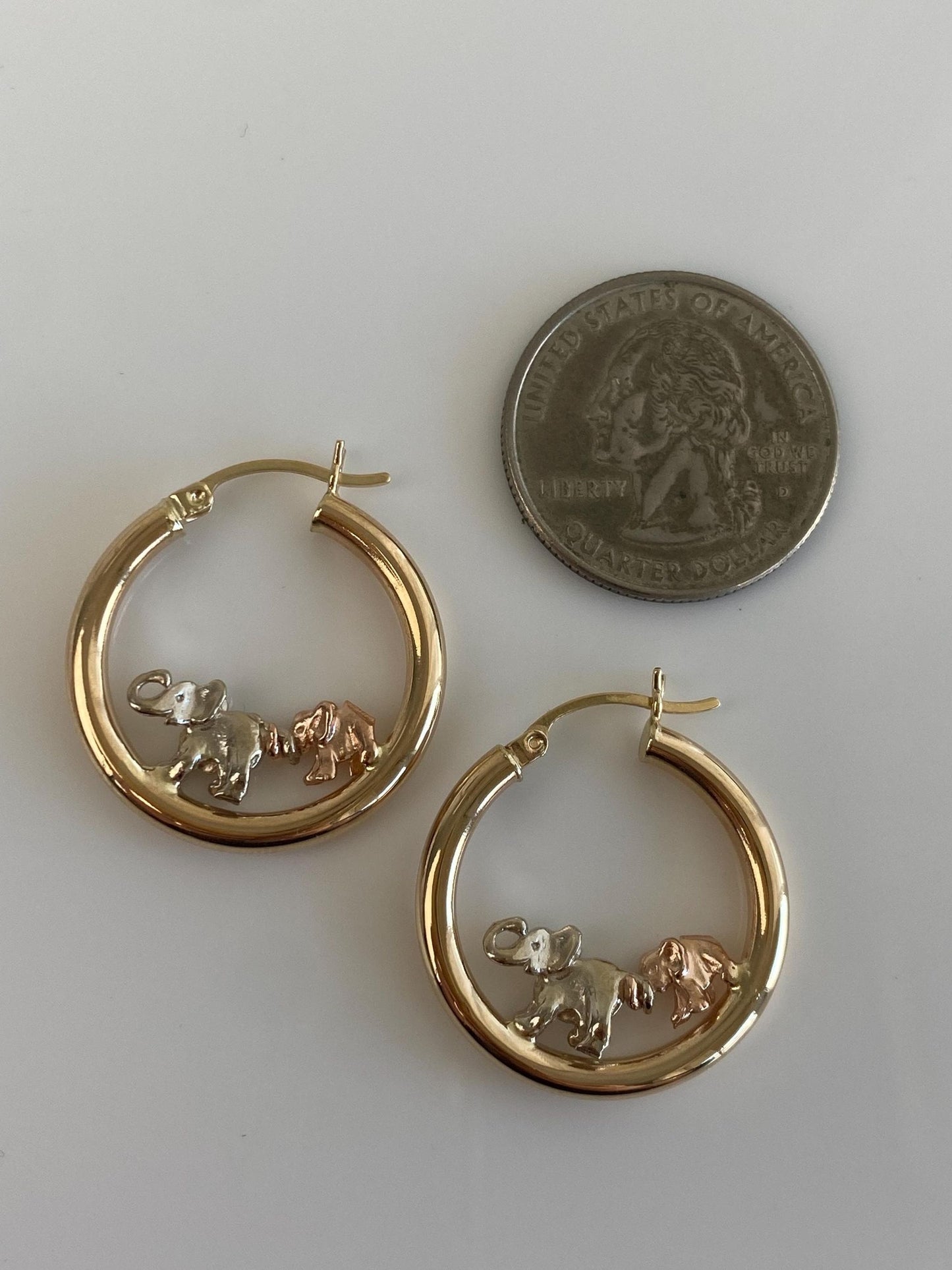 Vintage 14k Tri Tone Gold Elephants Hoop Earrings