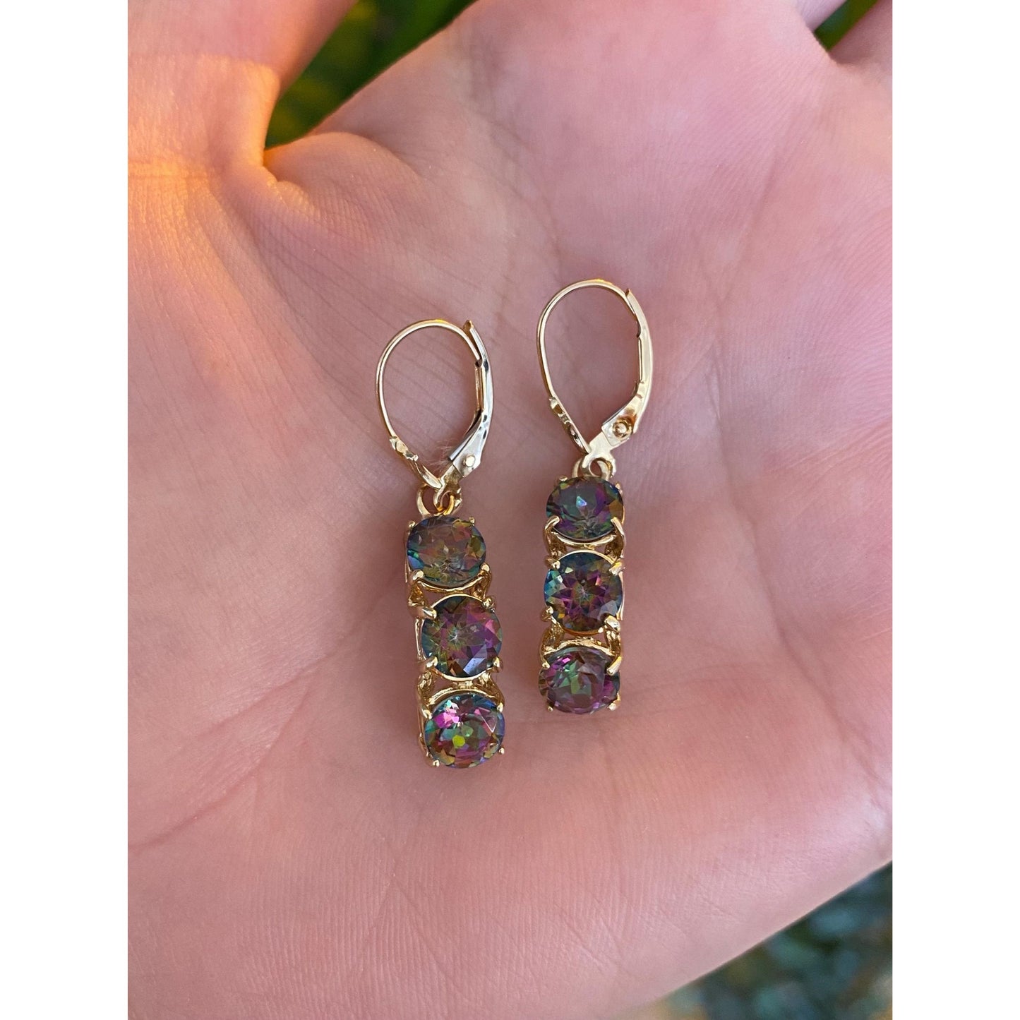 Vintage Solid 14k Yellow Gold Mystic Topaz Dangle Earrings