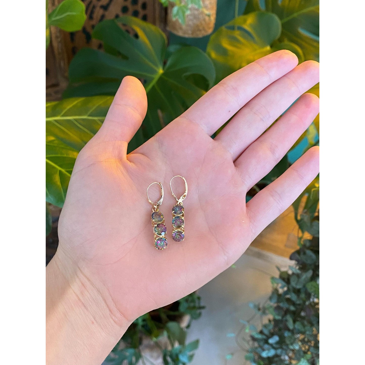 Vintage Solid 14k Yellow Gold Mystic Topaz Dangle Earrings