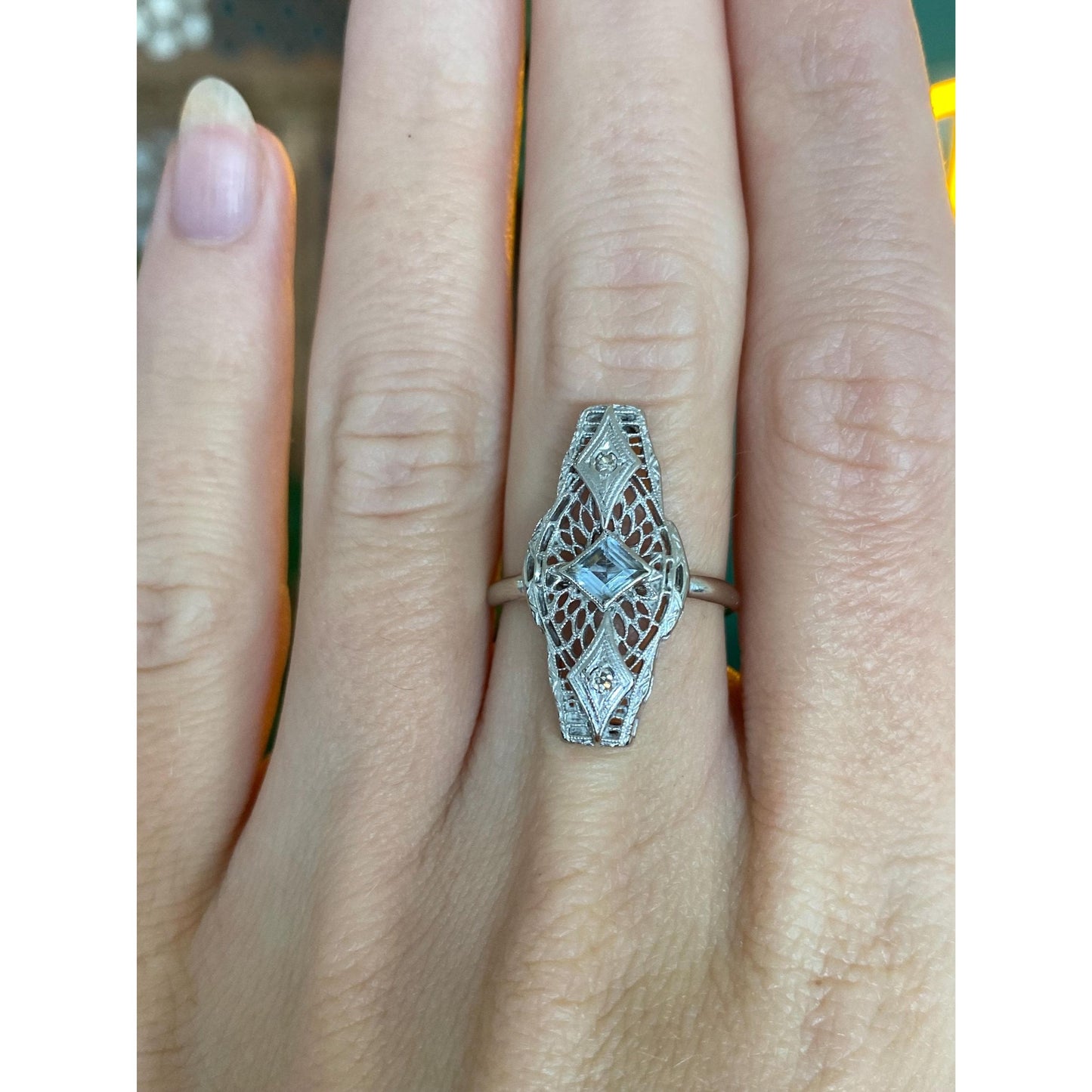 Vintage Solid 14k White Gold Diamond Clear Spinel Art Deco Ring - Size 5.25