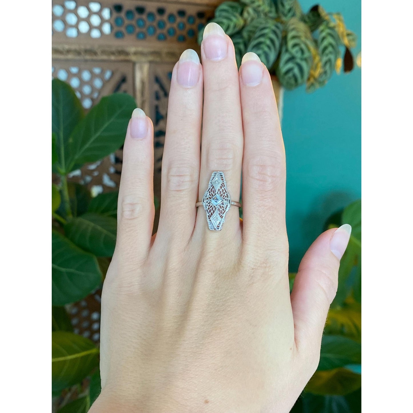 Vintage Solid 14k White Gold Diamond Clear Spinel Art Deco Ring - Size 5.25