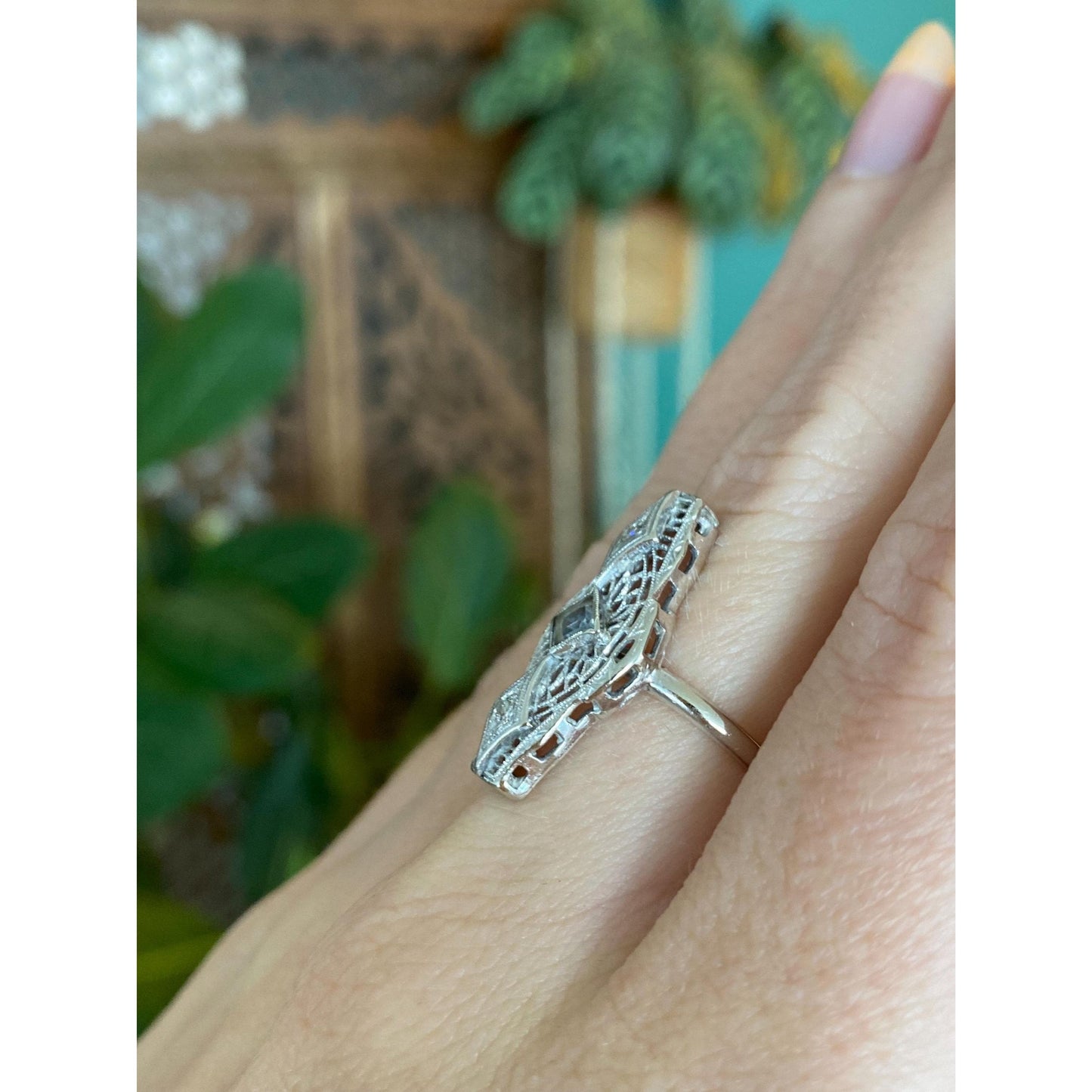 Vintage Solid 14k White Gold Diamond Clear Spinel Art Deco Ring - Size 5.25