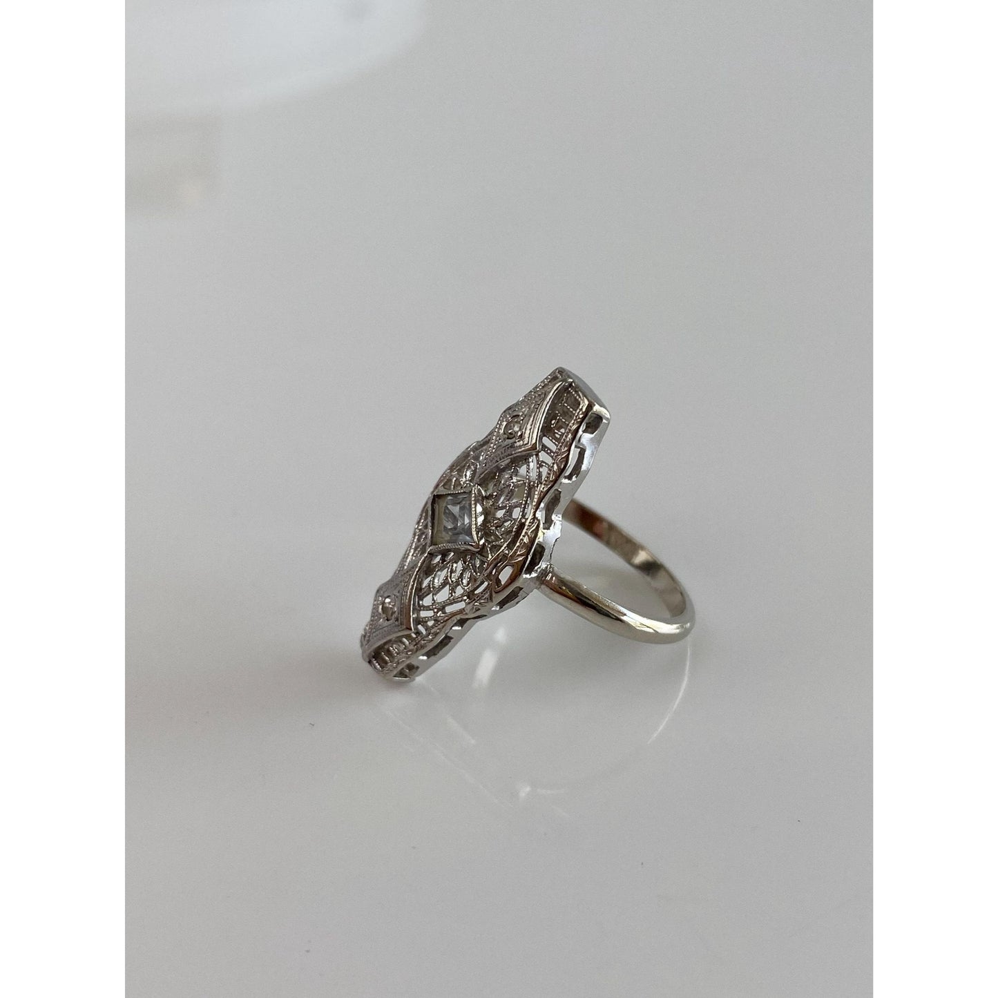 Vintage Solid 14k White Gold Diamond Clear Spinel Art Deco Ring - Size 5.25