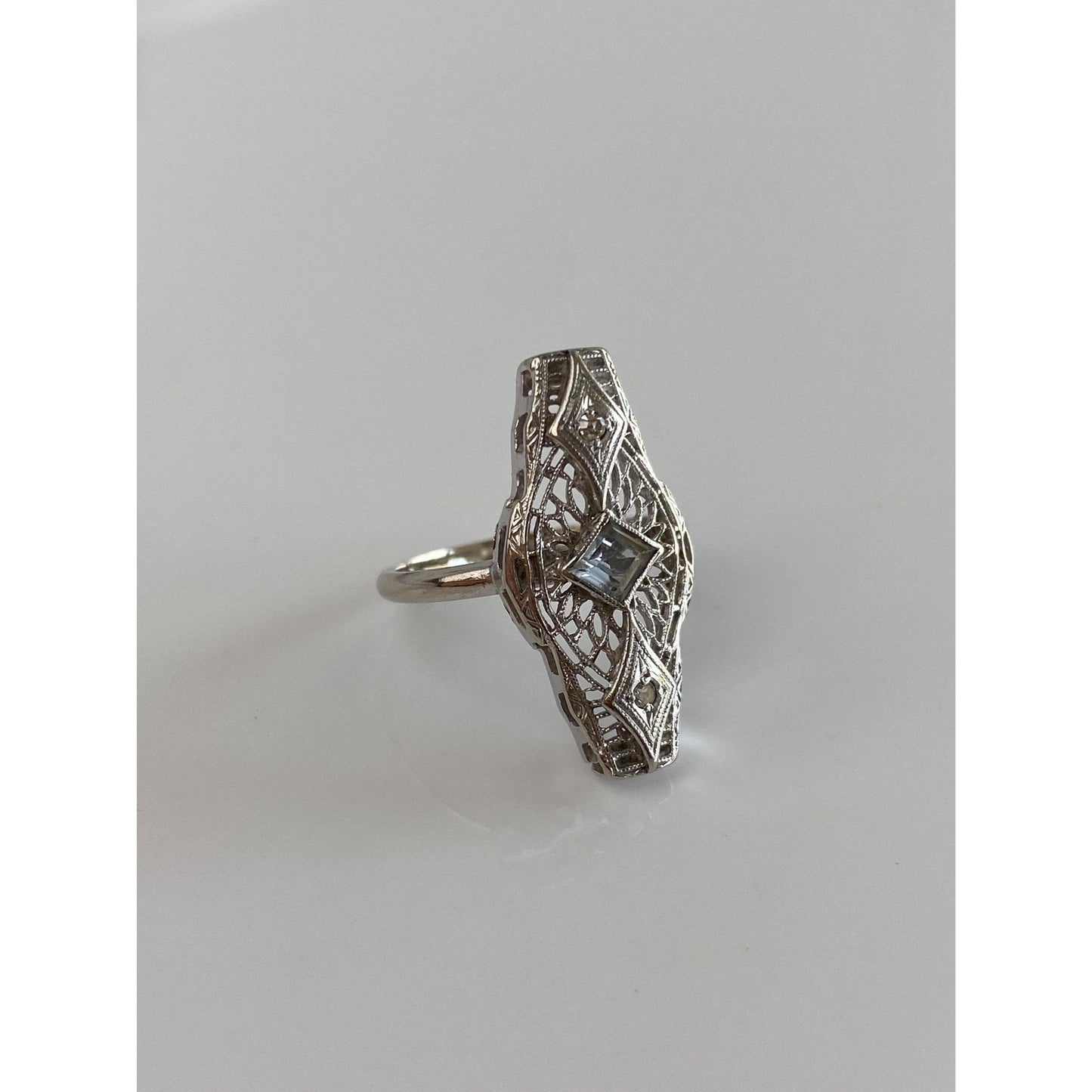 Vintage Solid 14k White Gold Diamond Clear Spinel Art Deco Ring - Size 5.25