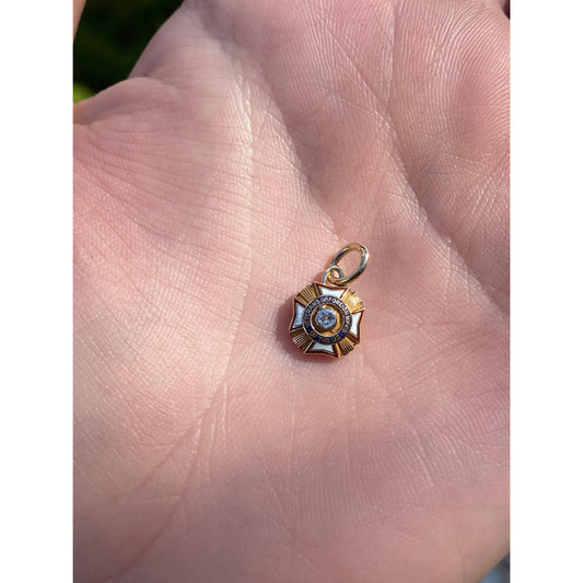Vintage Solid 10k Yellow Gold Enamel Diamond Veterans Charm
