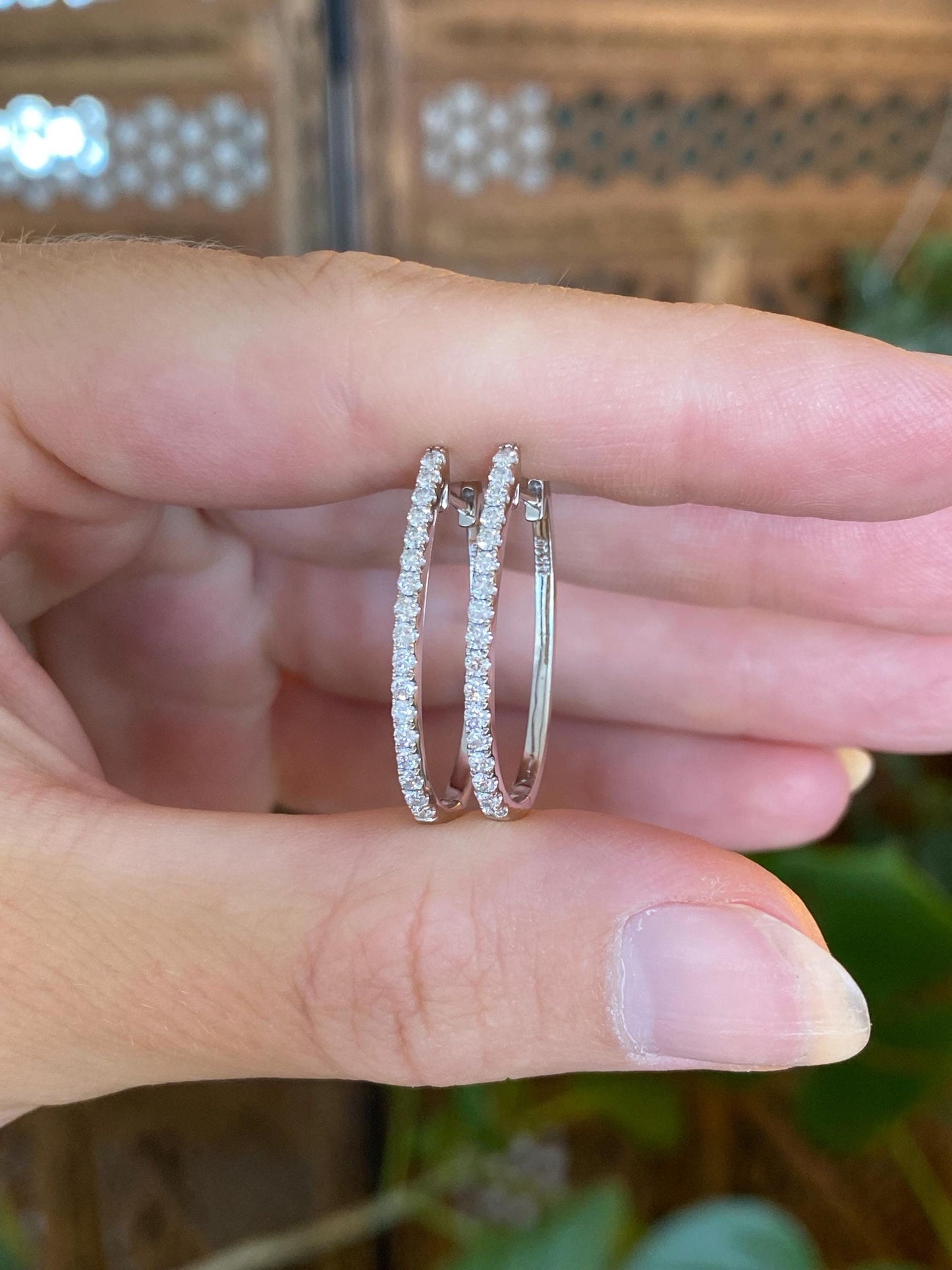 Vintage Solid 14k White Gold Diamond Oval Hoop Earrings