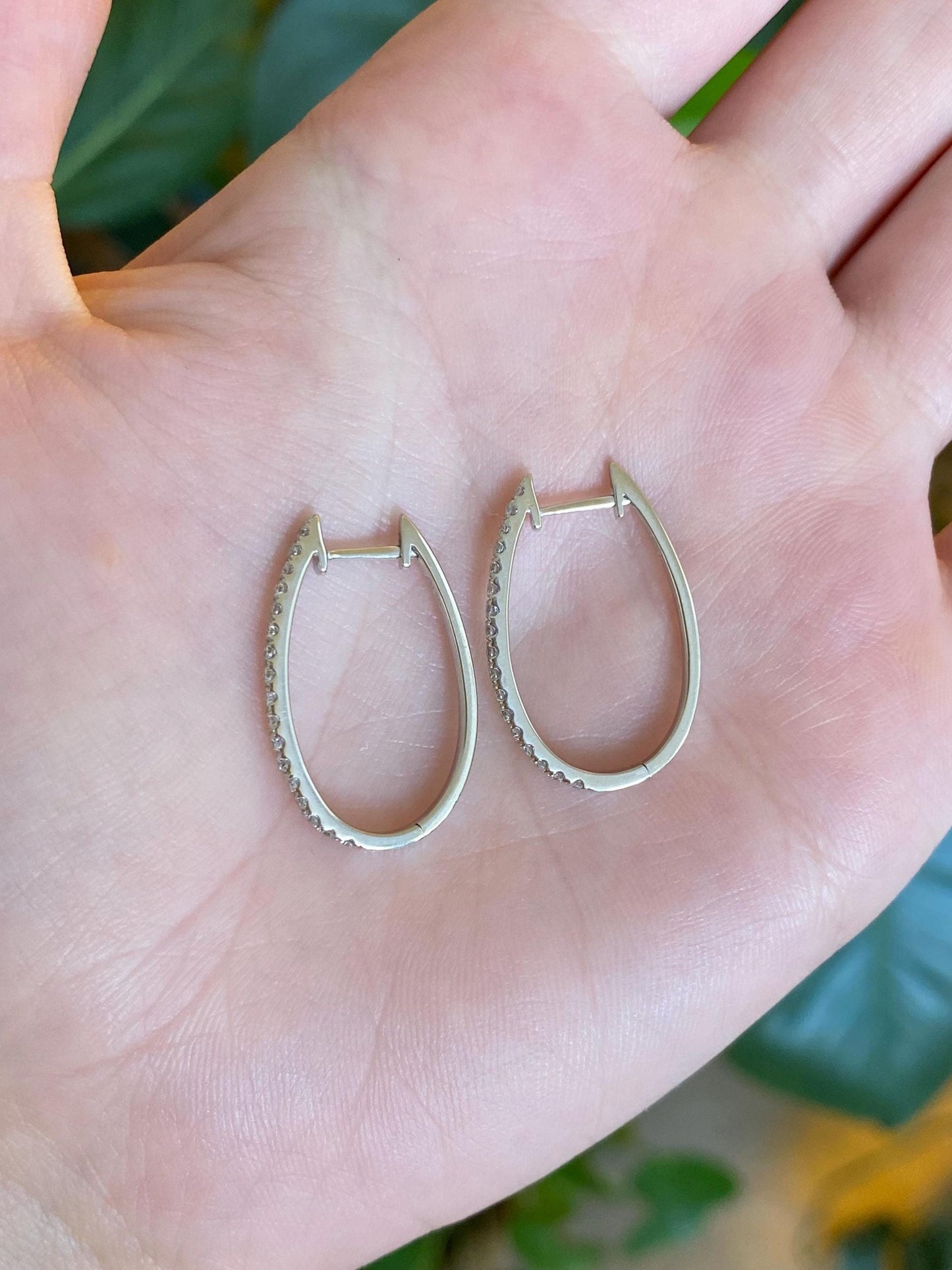 Vintage Solid 14k White Gold Diamond Oval Hoop Earrings