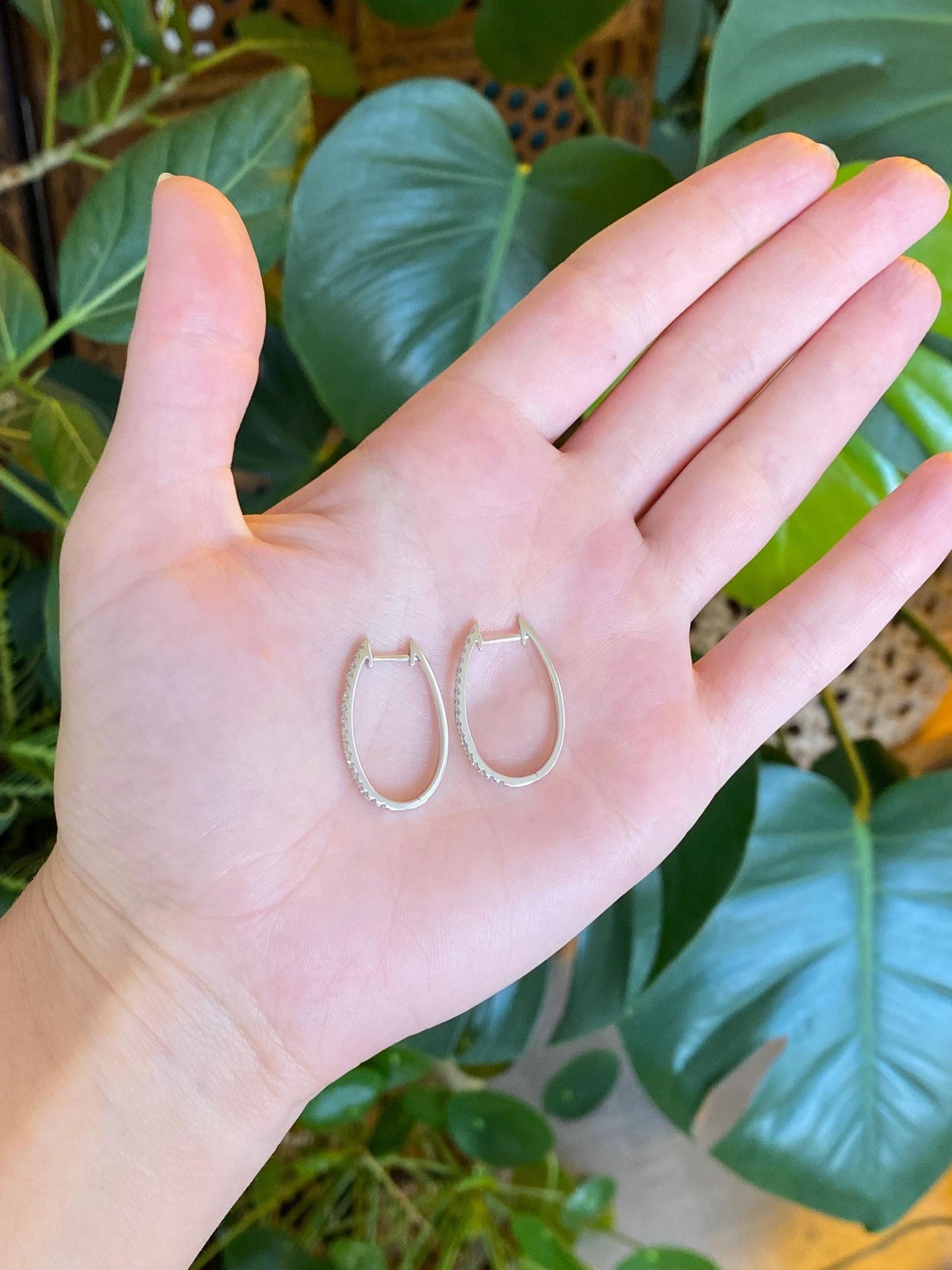 Vintage Solid 14k White Gold Diamond Oval Hoop Earrings