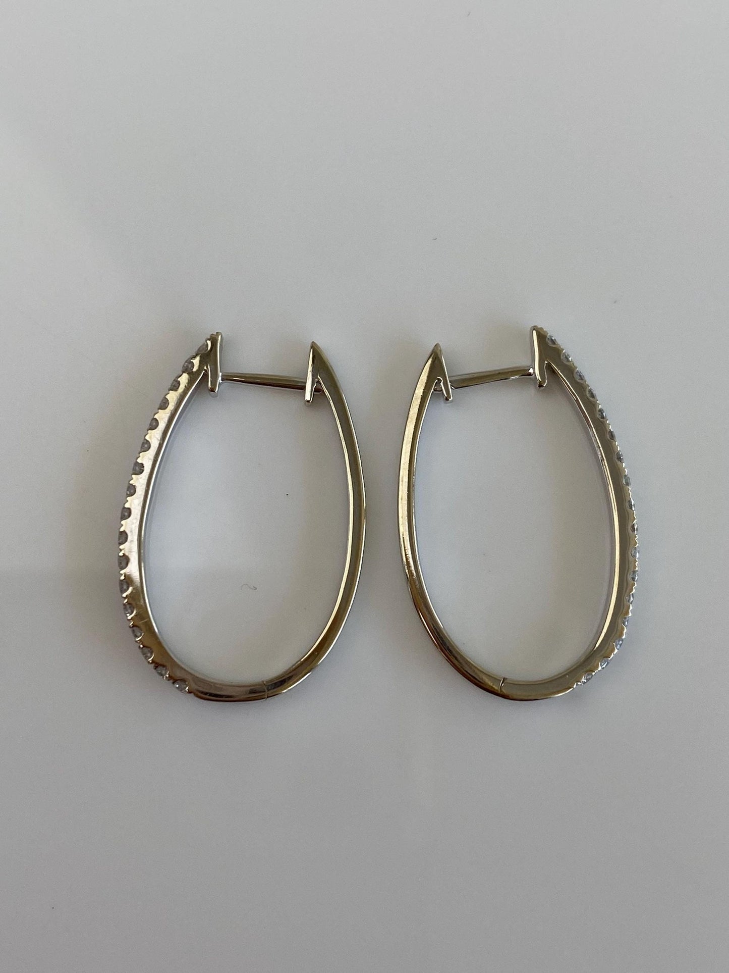 Vintage Solid 14k White Gold Diamond Oval Hoop Earrings