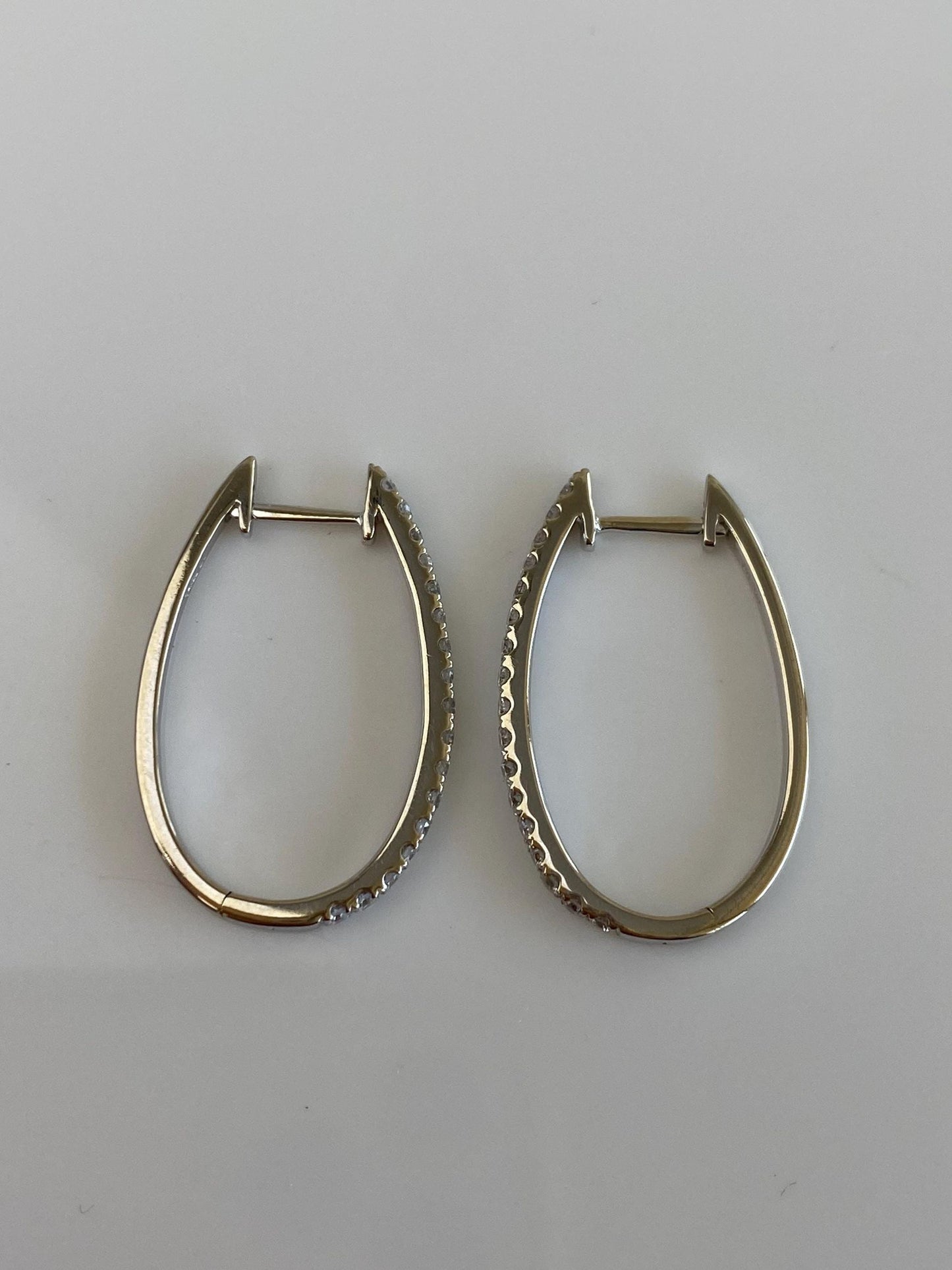 Vintage Solid 14k White Gold Diamond Oval Hoop Earrings