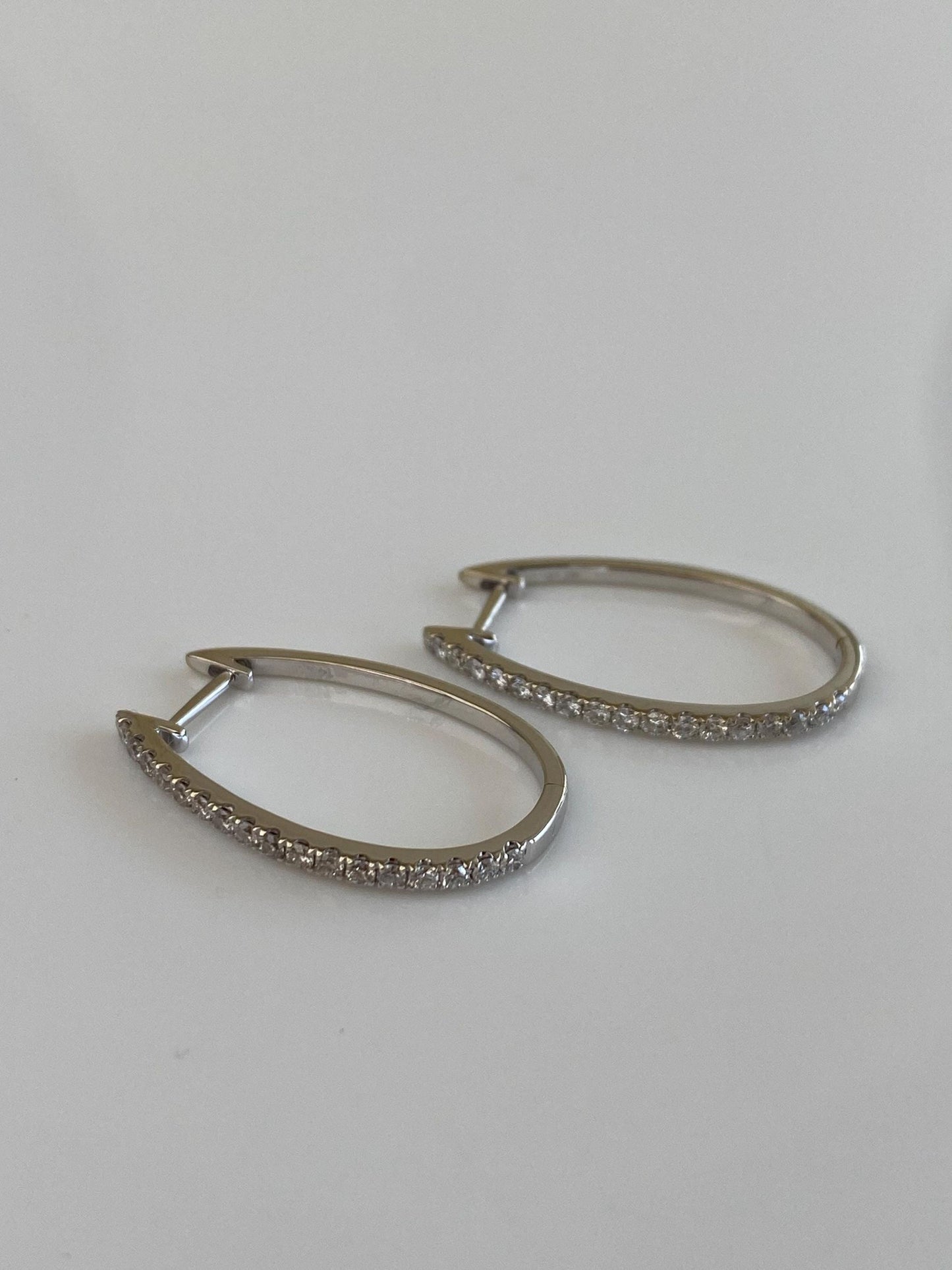 Vintage Solid 14k White Gold Diamond Oval Hoop Earrings