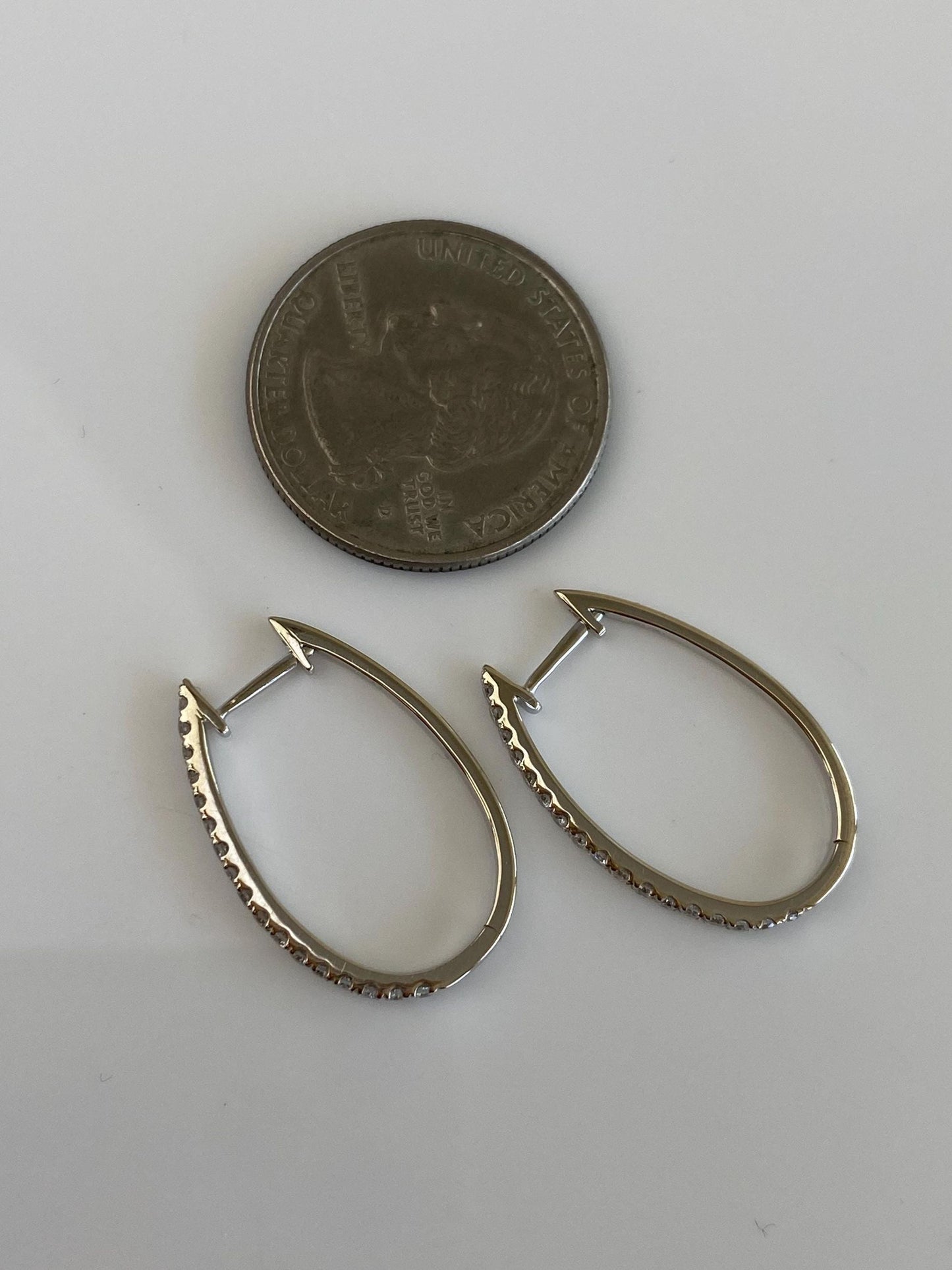 Vintage Solid 14k White Gold Diamond Oval Hoop Earrings