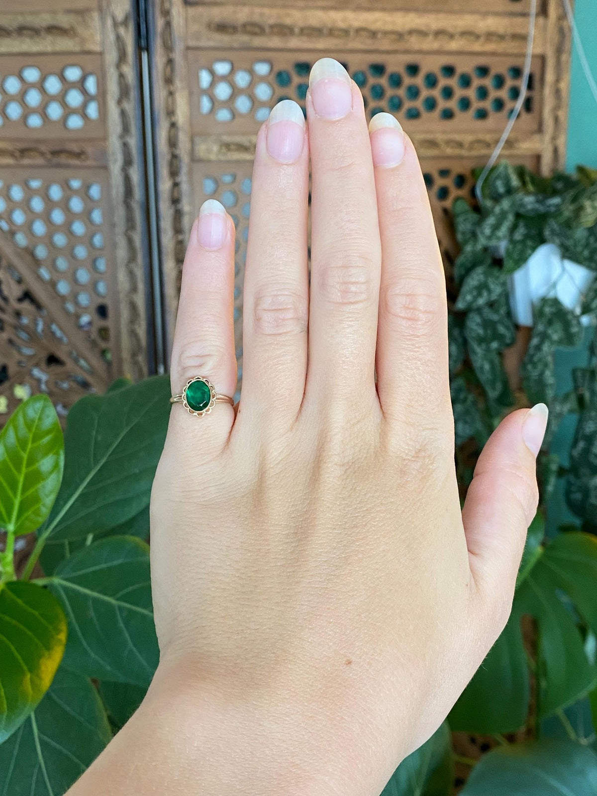 Vintage Solid 10k Yellow Gold Green Cubic Zirconia Ring - Size 3.25