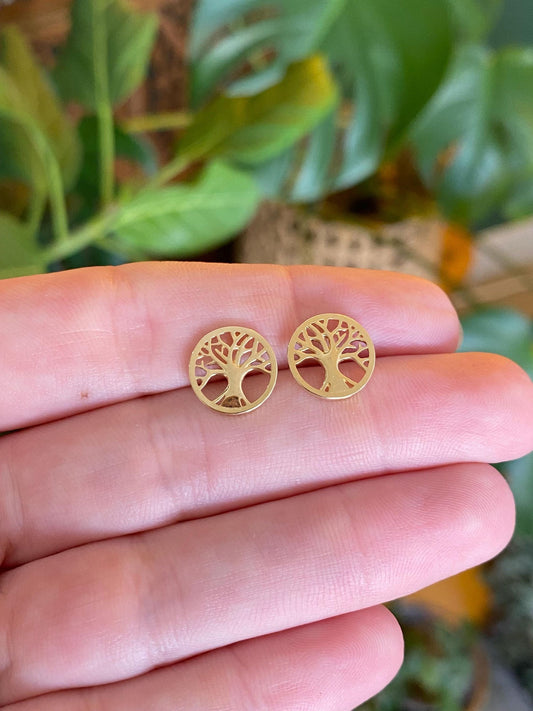 Vintage Solid 18k Yellow Gold Tree Stud Earrings