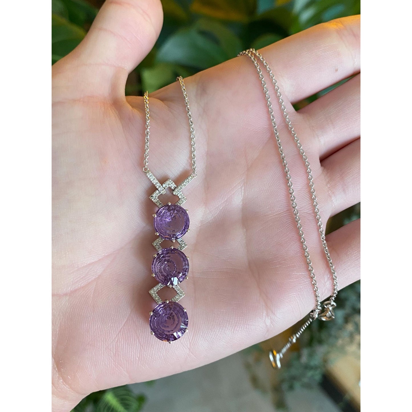 Solid 14k White Gold Diamond Amethyst Tight Rolo Chain Necklace - 18.5 inches