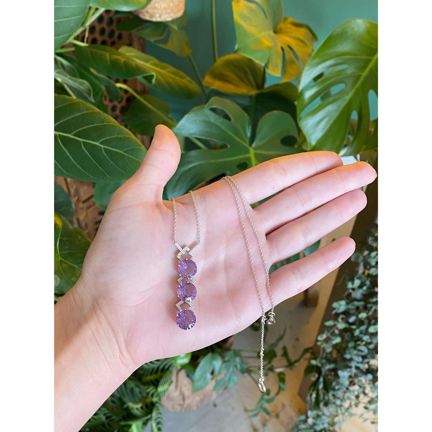 Solid 14k White Gold Diamond Amethyst Tight Rolo Chain Necklace - 18.5 inches