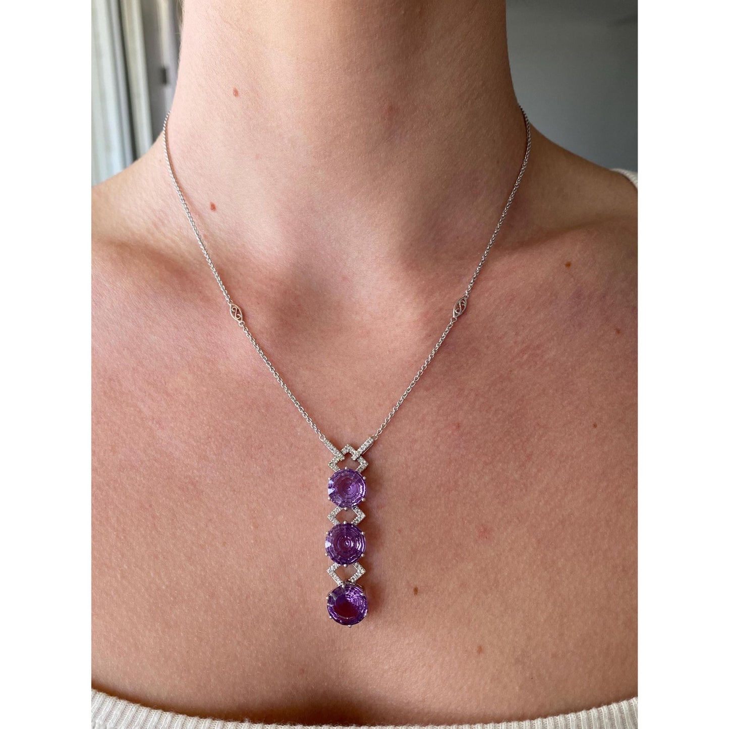 Solid 14k White Gold Diamond Amethyst Tight Rolo Chain Necklace - 18.5 inches