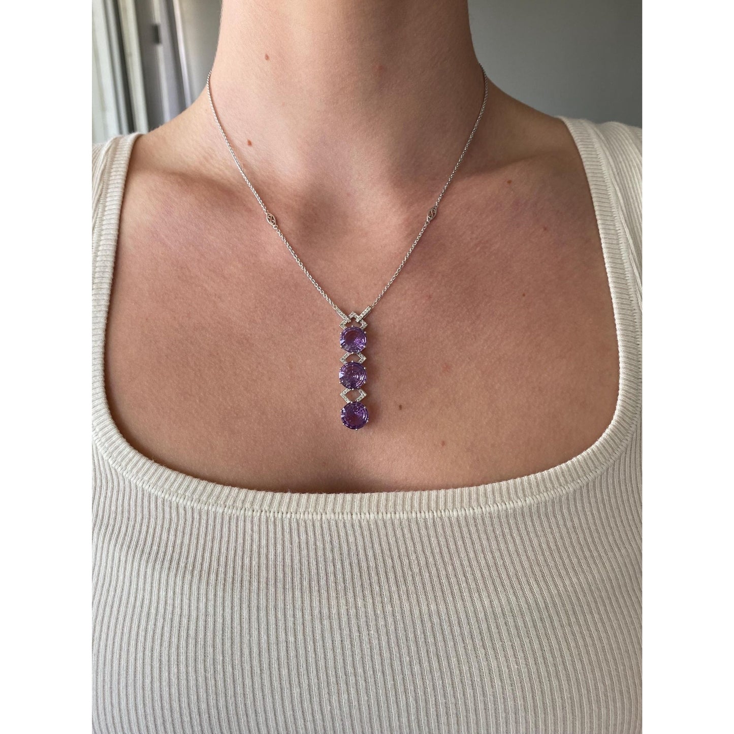 Solid 14k White Gold Diamond Amethyst Tight Rolo Chain Necklace - 18.5 inches