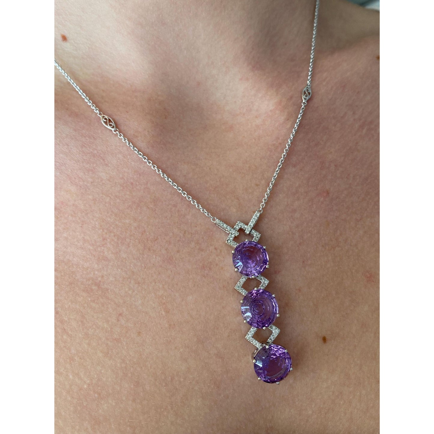 Solid 14k White Gold Diamond Amethyst Tight Rolo Chain Necklace - 18.5 inches