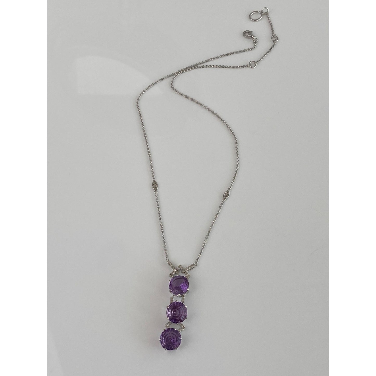 Solid 14k White Gold Diamond Amethyst Tight Rolo Chain Necklace - 18.5 inches