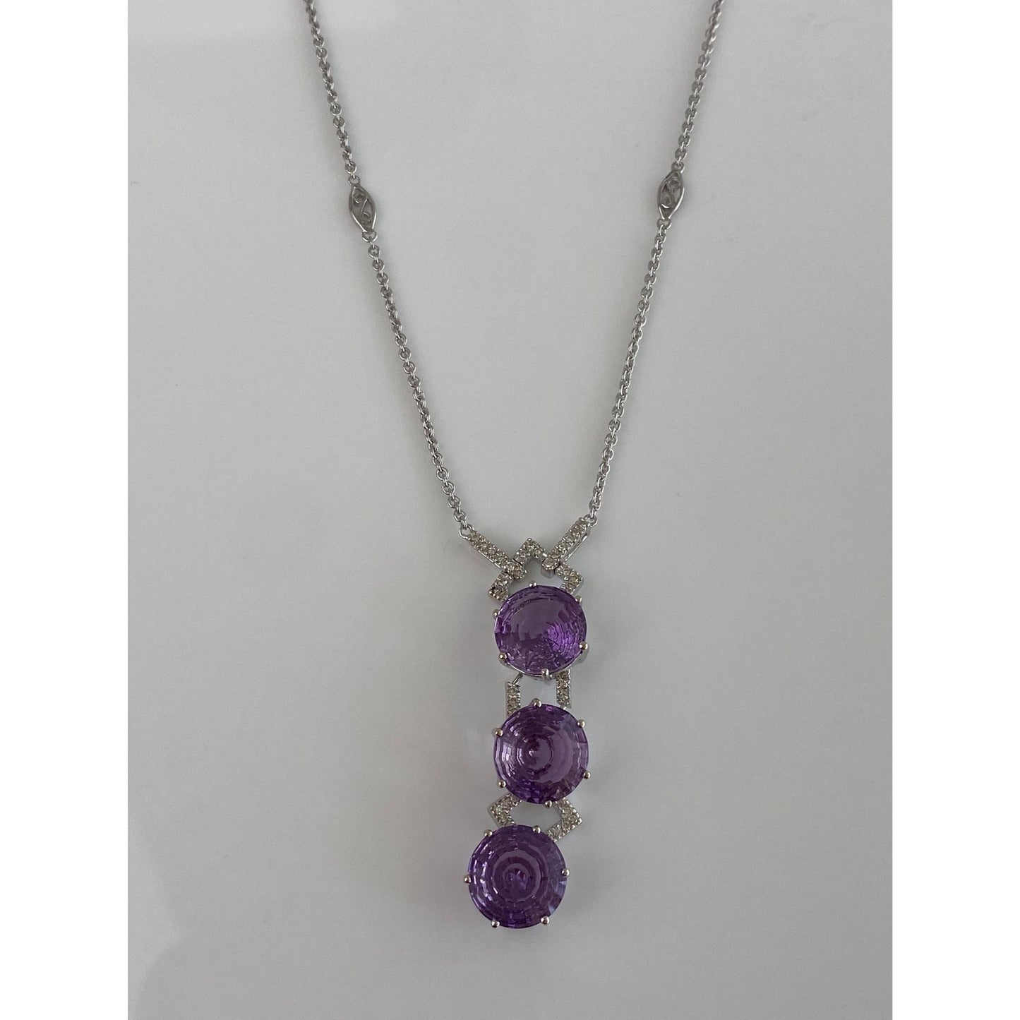 Solid 14k White Gold Diamond Amethyst Tight Rolo Chain Necklace - 18.5 inches