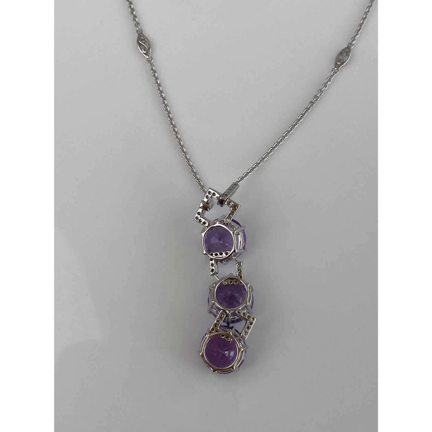 Solid 14k White Gold Diamond Amethyst Tight Rolo Chain Necklace - 18.5 inches