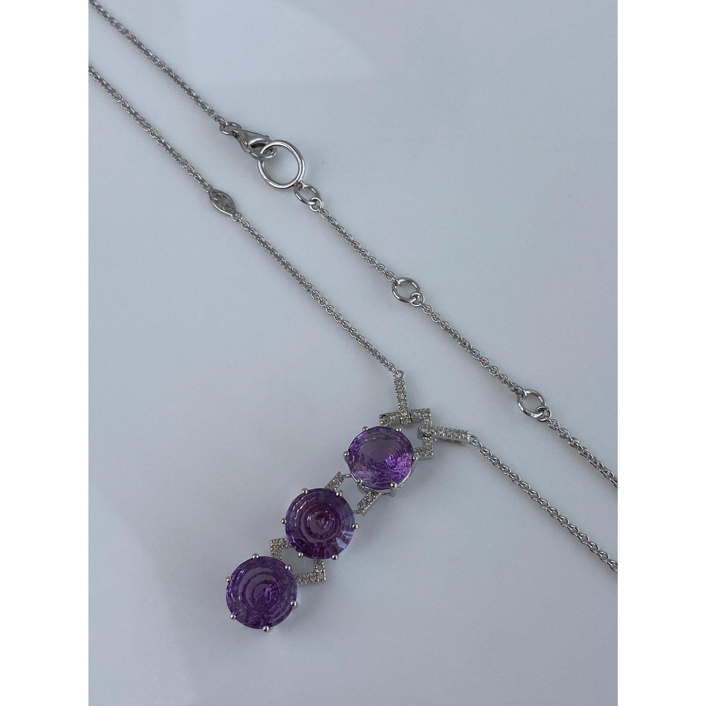 Solid 14k White Gold Diamond Amethyst Tight Rolo Chain Necklace - 18.5 inches