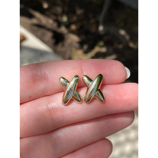 Vintage 14k Yellow Gold Puffy X Stud Earrings