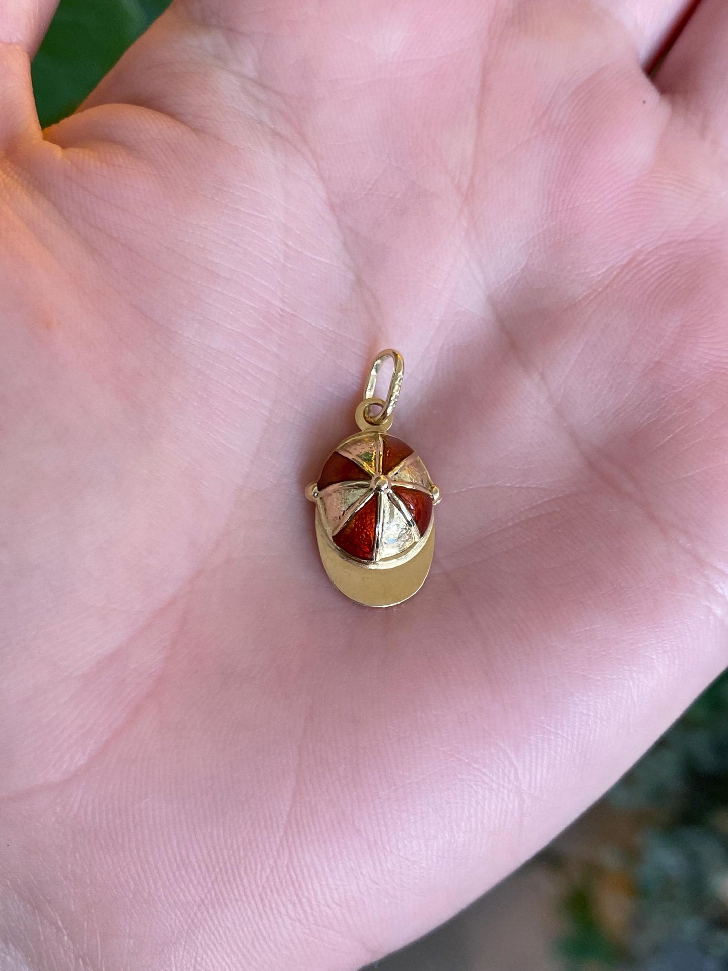 Vintage Solid 14k Yellow Gold Red Enamel Baseball Cap Charm