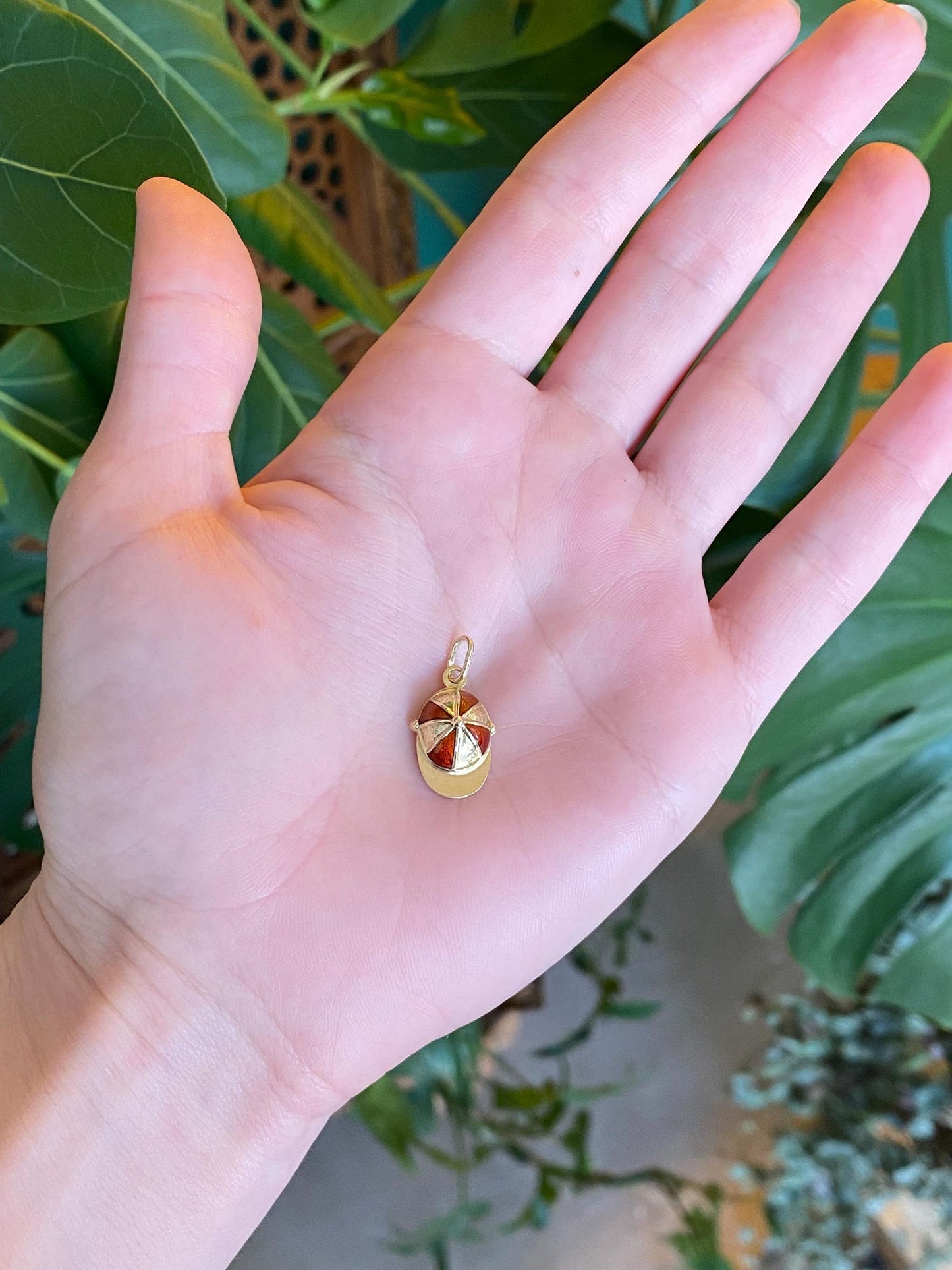 Vintage Solid 14k Yellow Gold Red Enamel Baseball Cap Charm