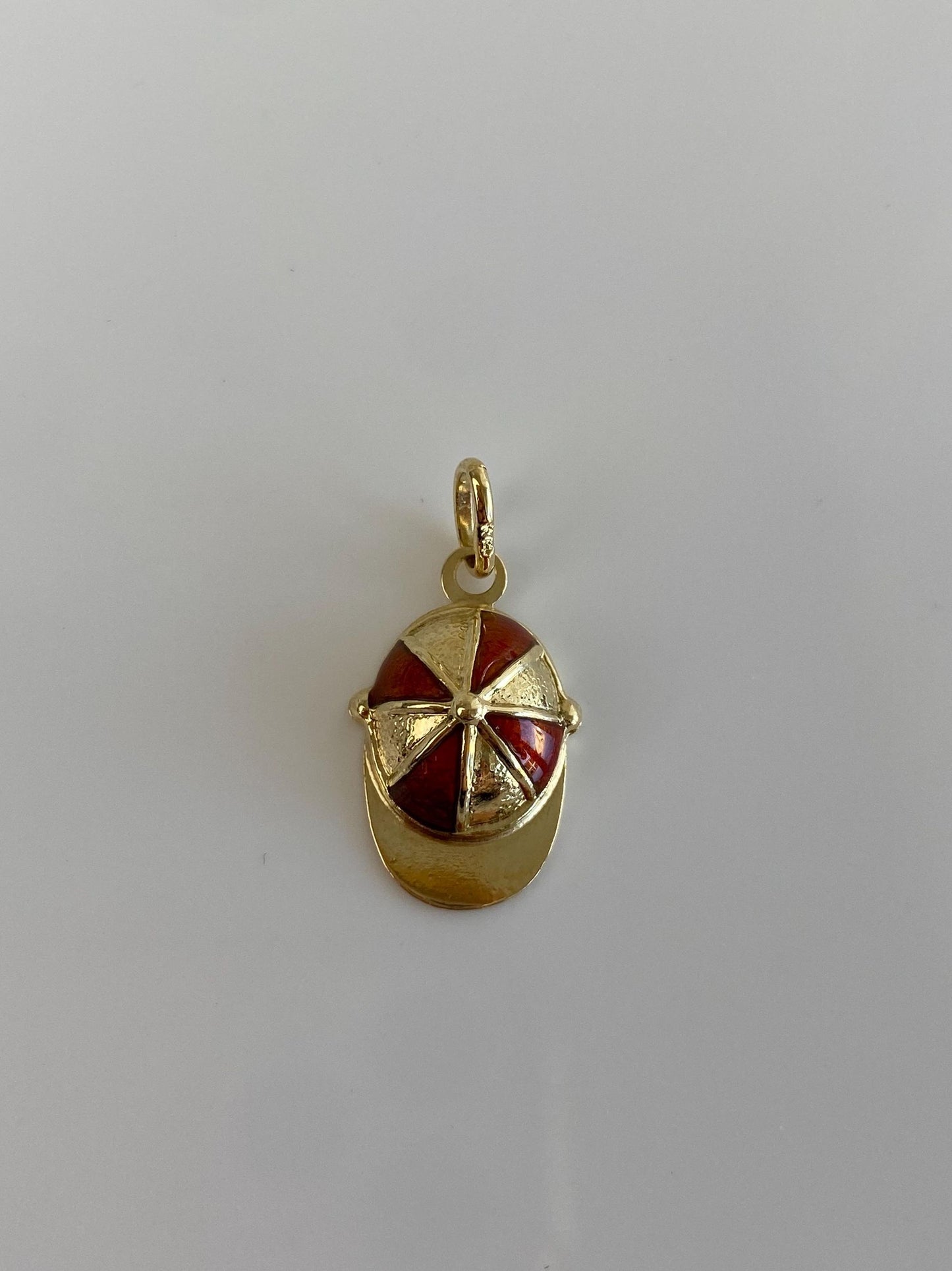 Vintage Solid 14k Yellow Gold Red Enamel Baseball Cap Charm