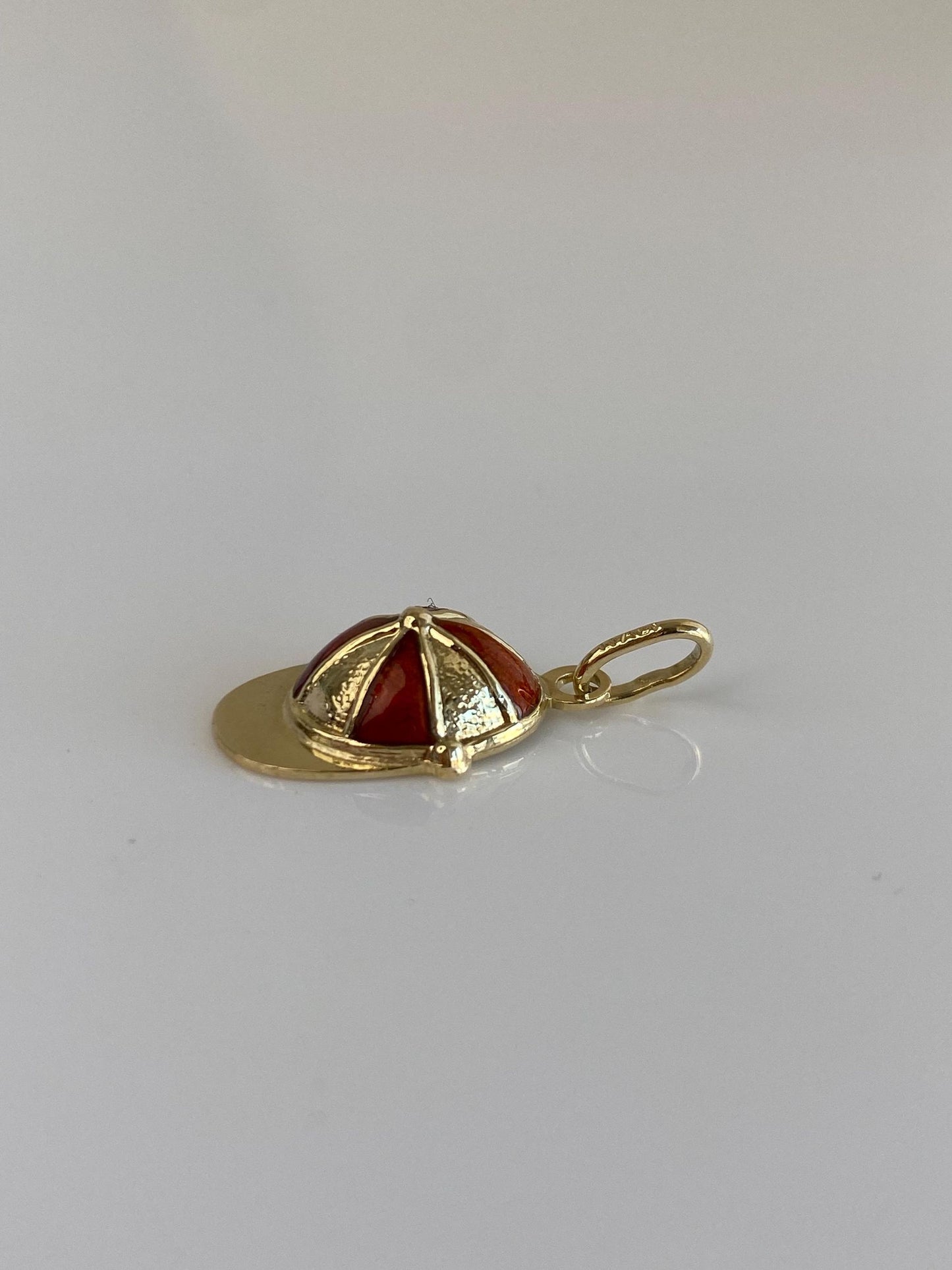 Vintage Solid 14k Yellow Gold Red Enamel Baseball Cap Charm