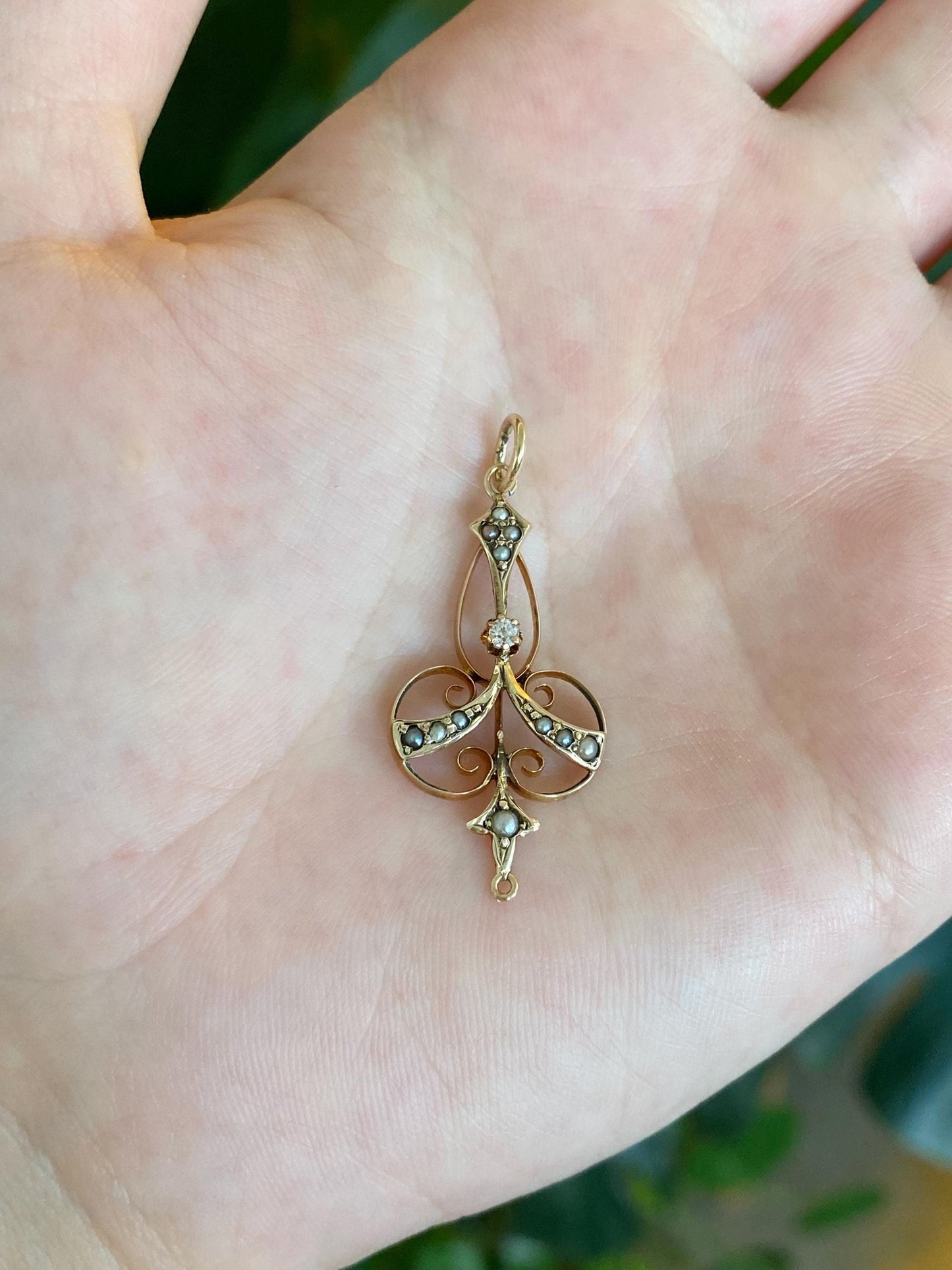 Vintage Solid 10k Yellow Gold Diamond Seed Pearls Filigree Charm
