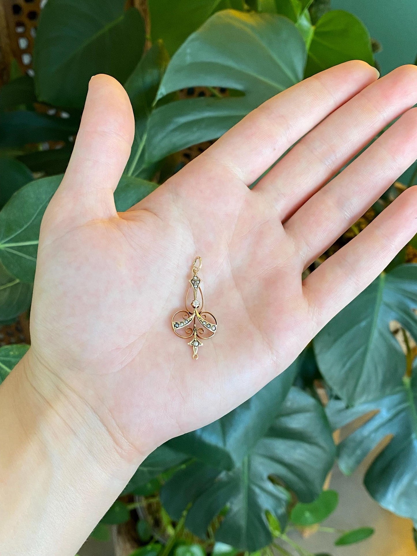 Vintage Solid 10k Yellow Gold Diamond Seed Pearls Filigree Charm