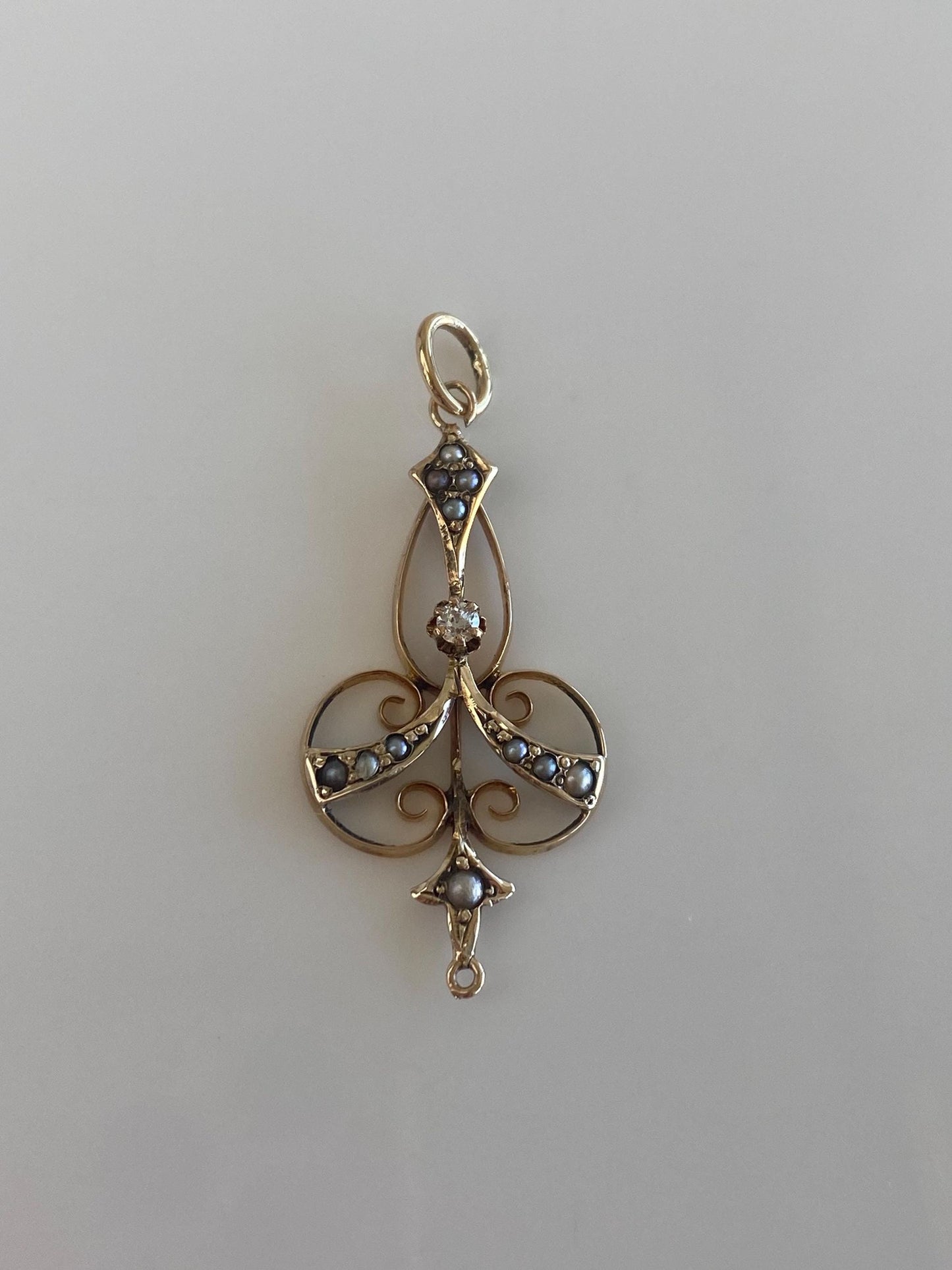 Vintage Solid 10k Yellow Gold Diamond Seed Pearls Filigree Charm