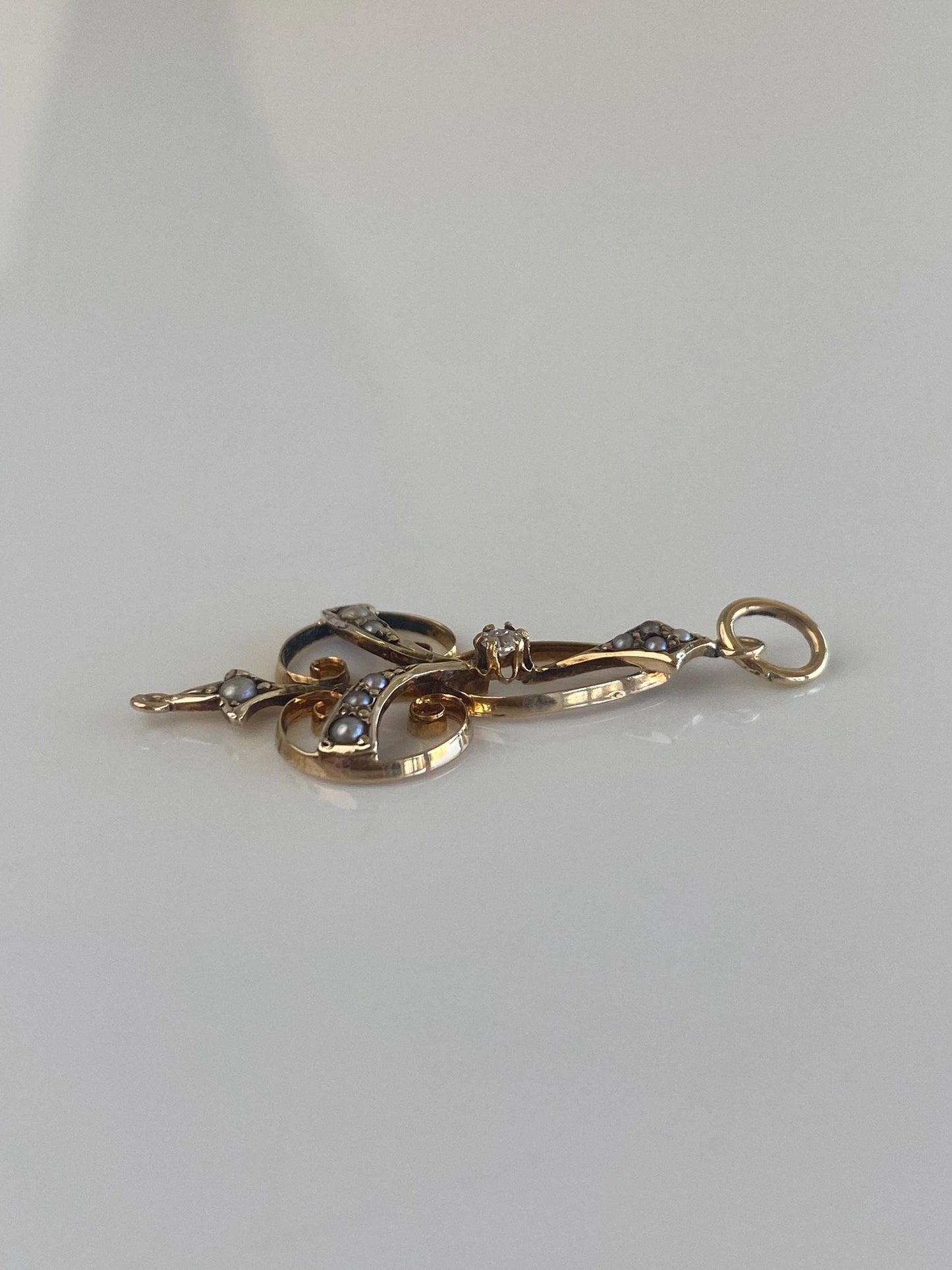Vintage Solid 10k Yellow Gold Diamond Seed Pearls Filigree Charm