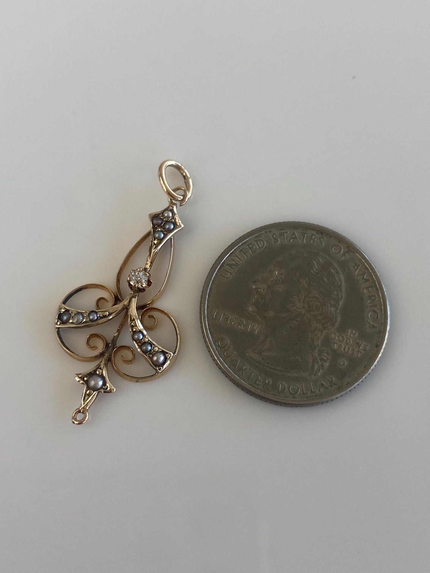 Vintage Solid 10k Yellow Gold Diamond Seed Pearls Filigree Charm