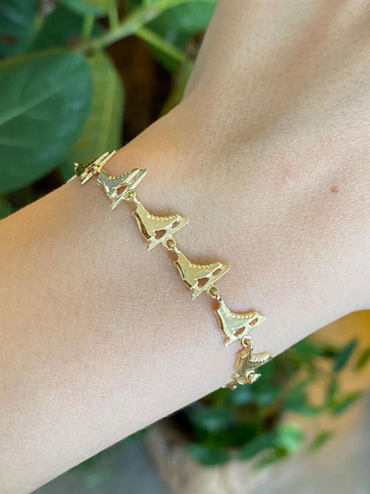 Vintage Solid 14k Yellow Gold Ice Skate Link Bracelet - 7 inches