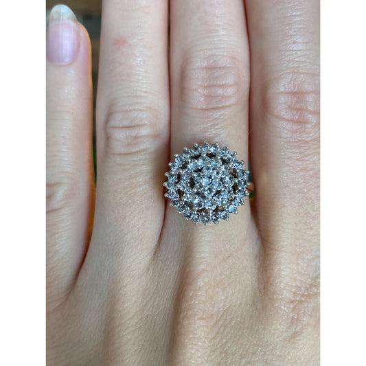 Vintage Solid 9k White & Yellow Gold Clear Quartz Cluster Ring - Size 7