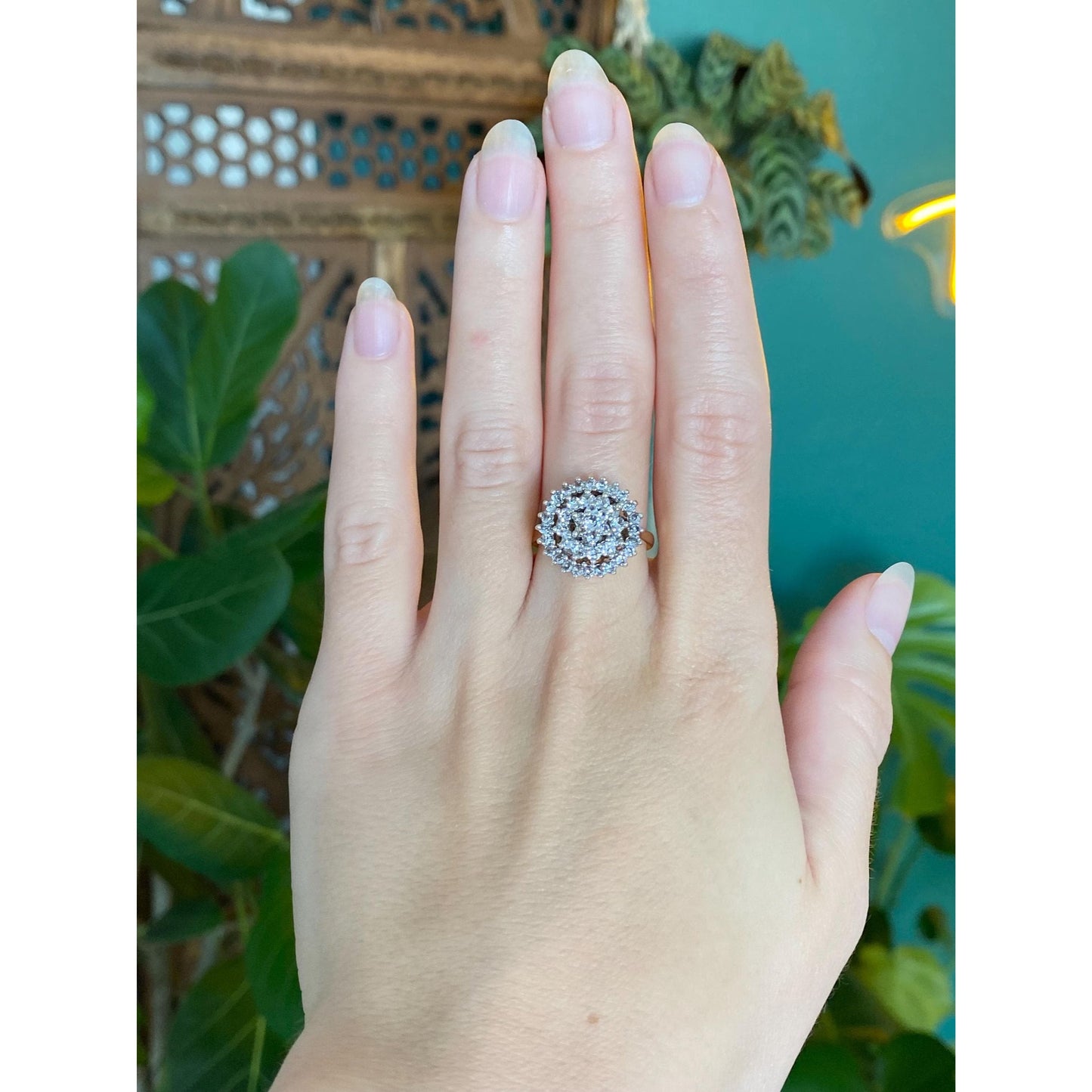 Vintage Solid 9k White & Yellow Gold Clear Quartz Cluster Ring - Size 7