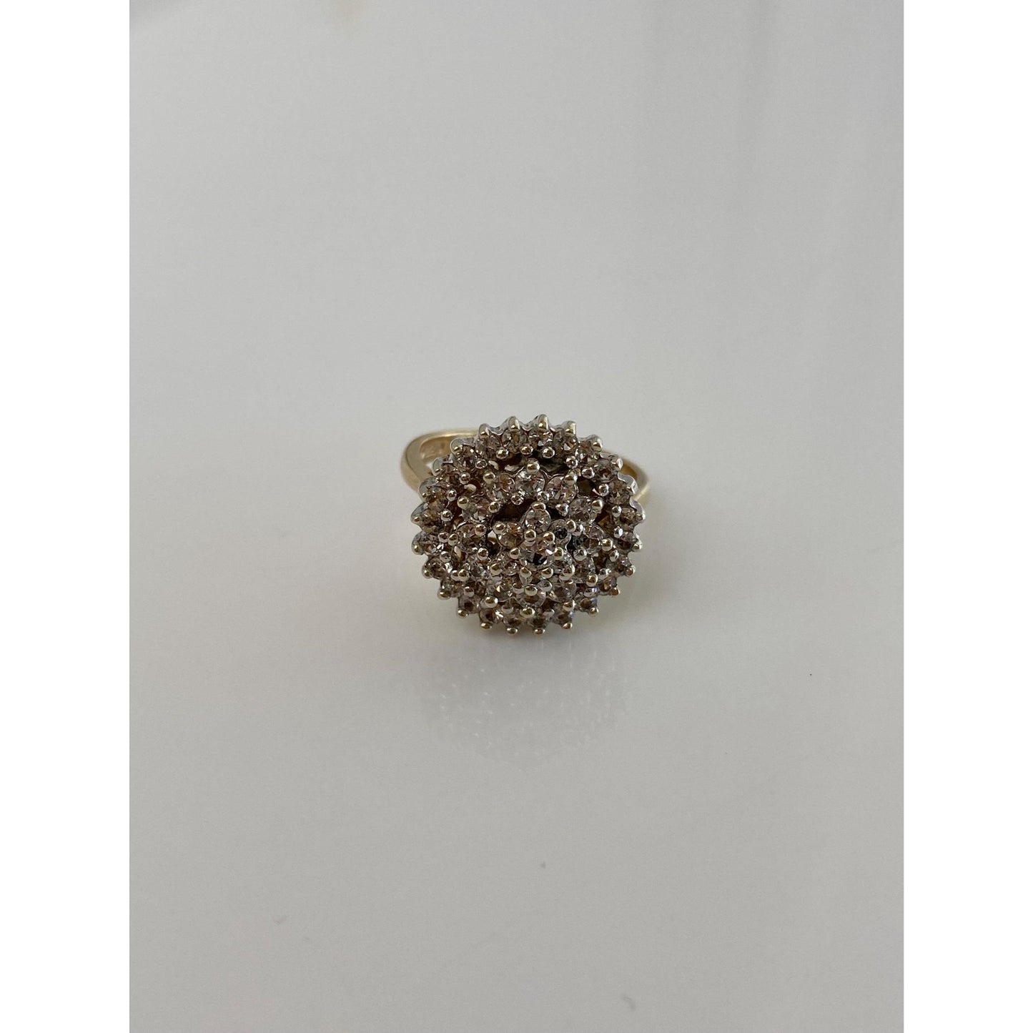 Vintage Solid 9k White & Yellow Gold Clear Quartz Cluster Ring - Size 7