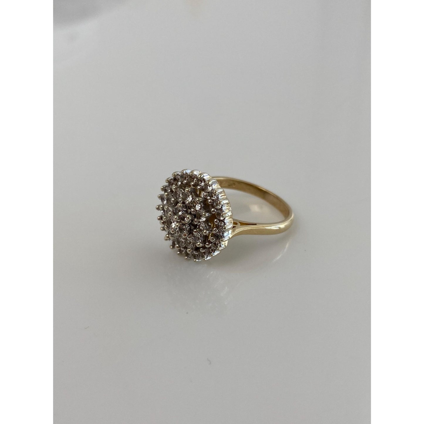 Vintage Solid 9k White & Yellow Gold Clear Quartz Cluster Ring - Size 7